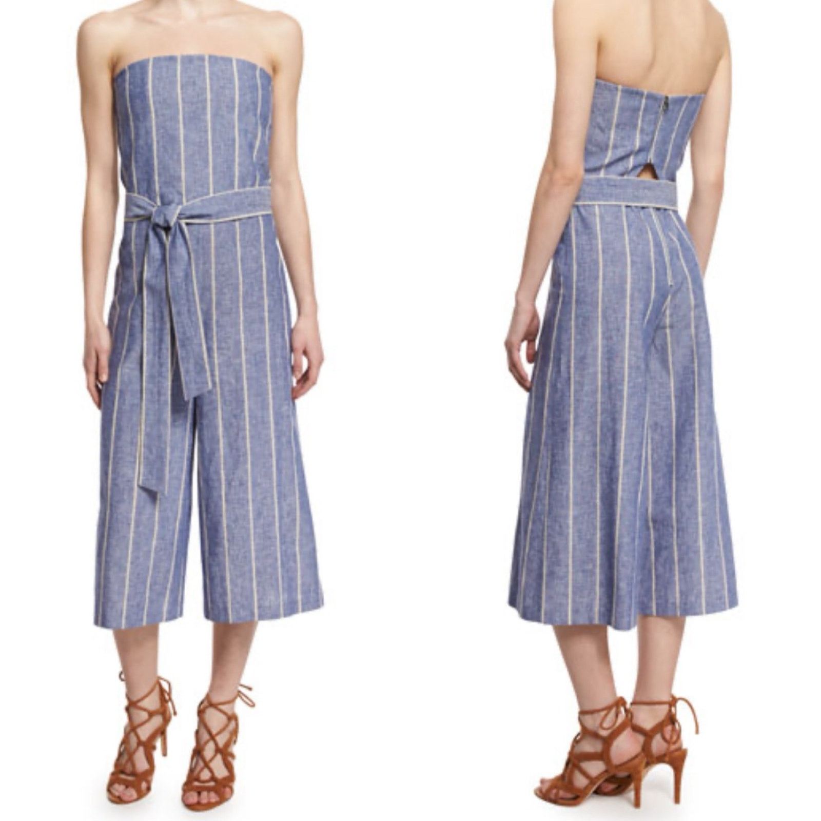ALICE + OLIVIA Lucie Linen Striped Strapless Jumpsuit 0
