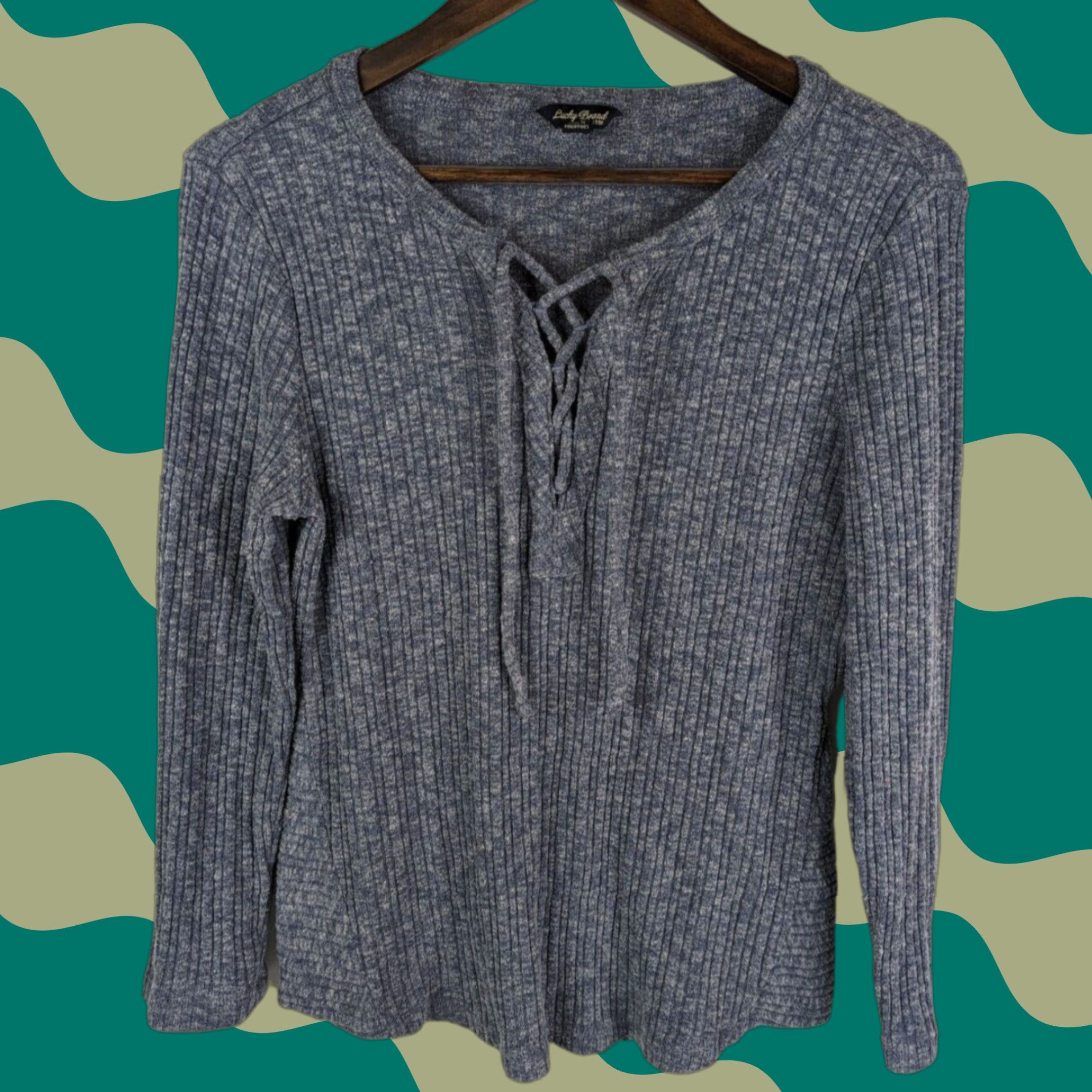Lucky Brand Lucky Brand Lace Up Top Blue Ribbed Boho Long Sleeve Women’s Large L 7W63414 Size L / US 10 / IT 46 - 1 Thumbnail