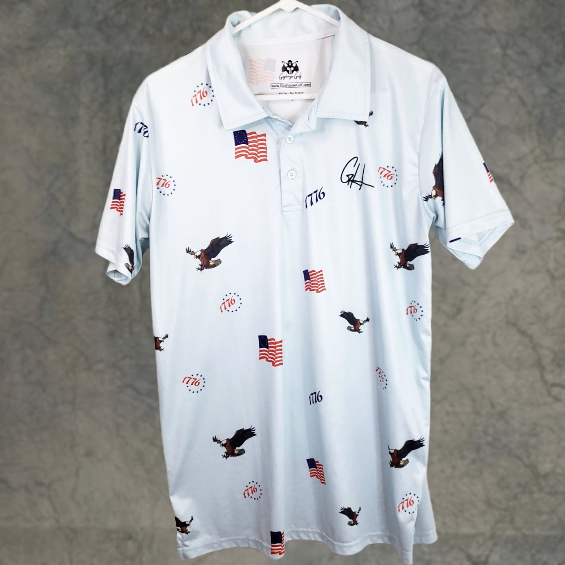 Vintage Gashouse Golf Polo Shirt L Blue Flags Eagle Patriotic 1776 Mens Size US L / EU 52-54 / 3 - 1 Thumbnail