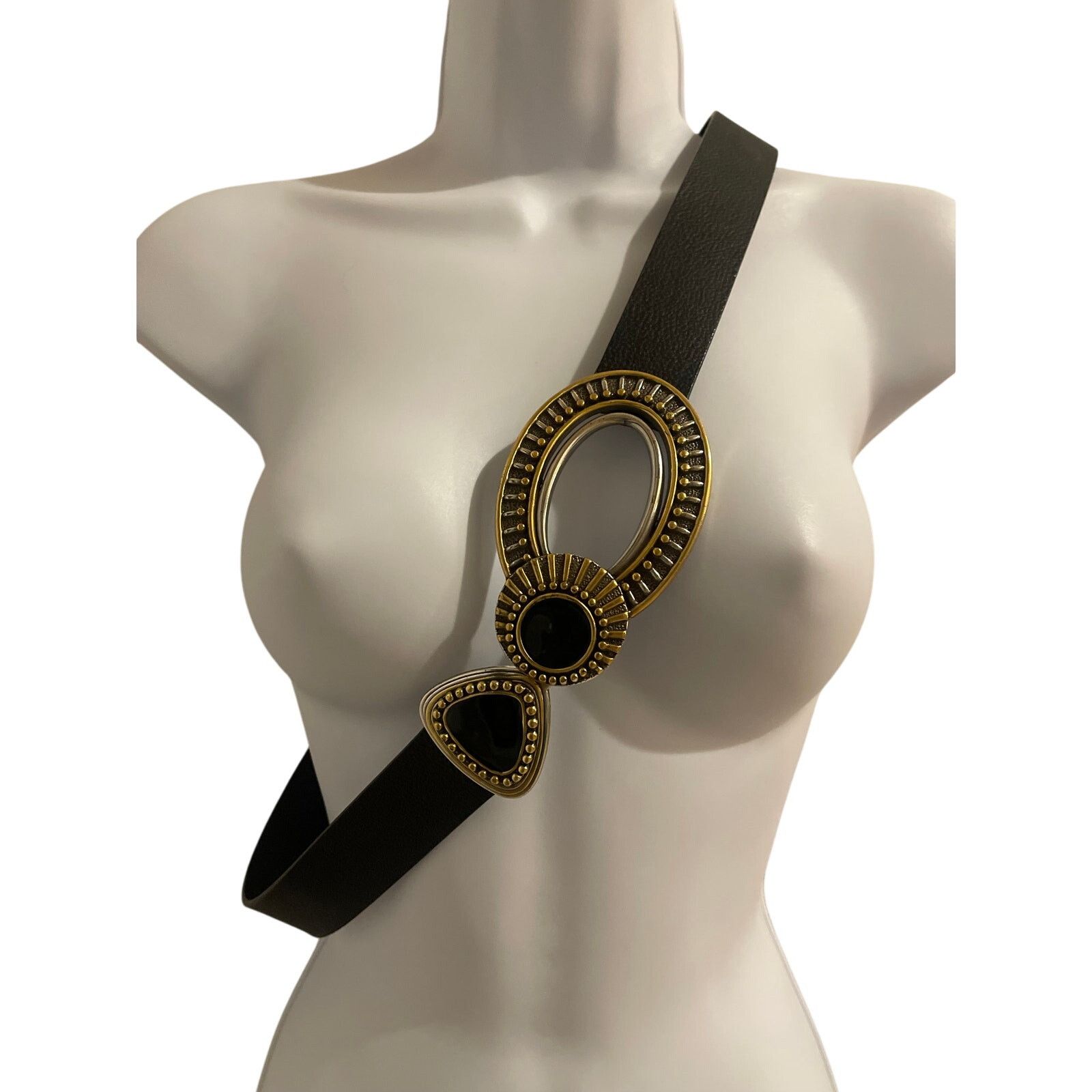 Chicos Chico’s Genuine Leather Statement Belt – Black & Gold Buckle Size ONE SIZE - 1 Thumbnail