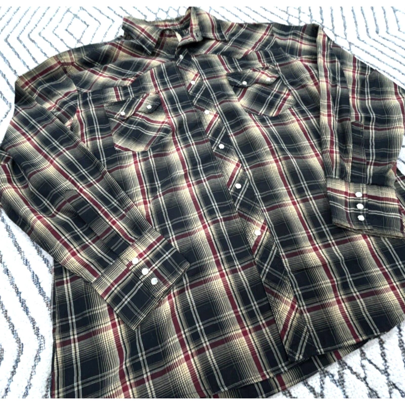 Wrangler VINTAGE Wrangler Western Shirt Men XL Black Tan Plaid Pearl Snap Cowboy Yoke Rodeo Size US XL / EU 56 / 4 - 3 Thumbnail