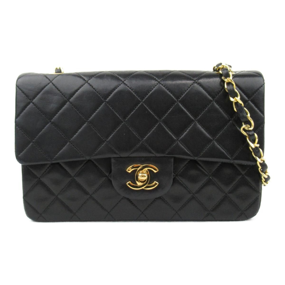 image of Chanel Lambskin Matelasse W Flap Chain Shoulder Bag Black, Women's