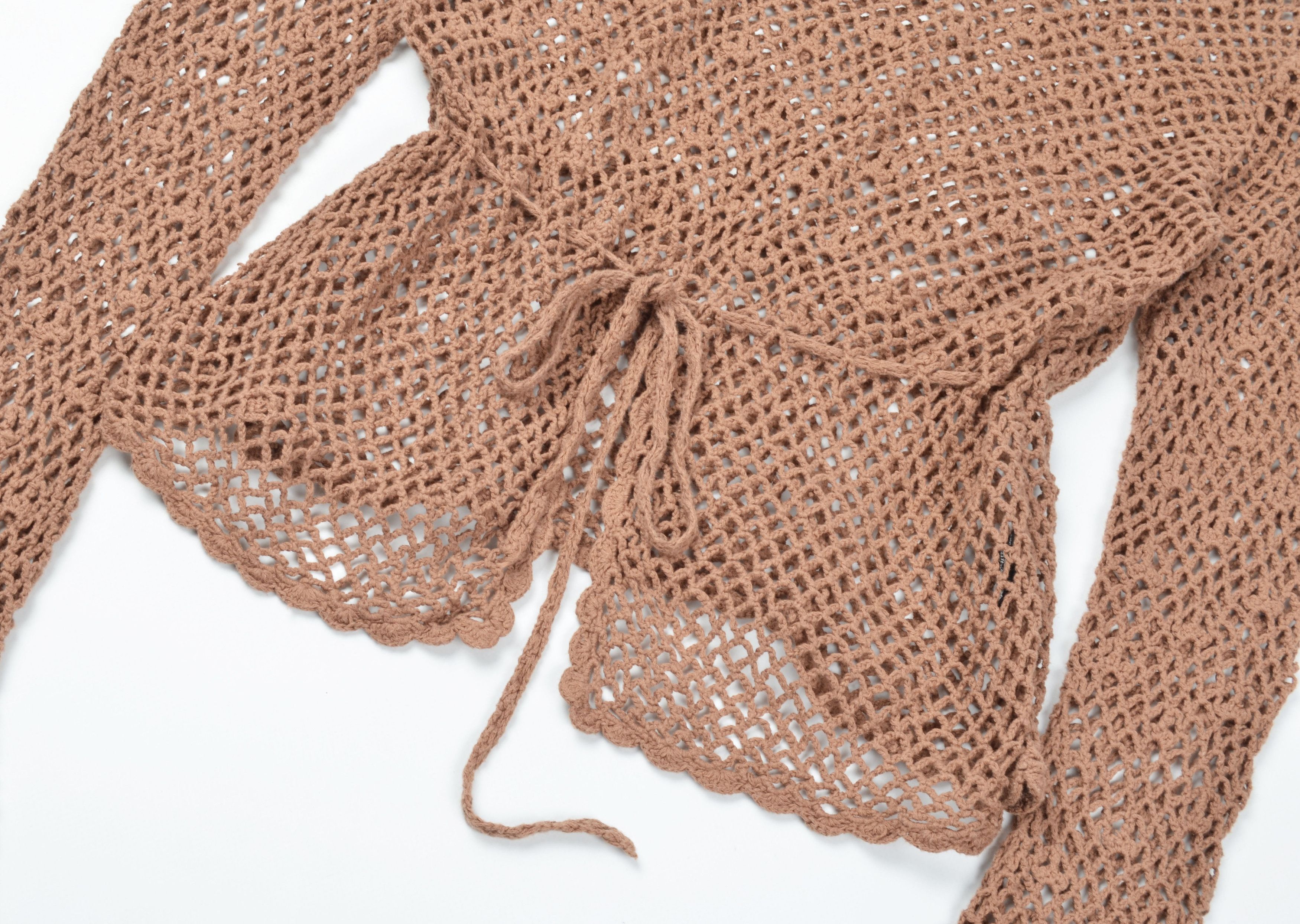 Designer Yes or No Crochet Knit Boat Neck Cottage Long Sleeve Tan Top Size M / US 6-8 / IT 42-44 - 6 Thumbnail