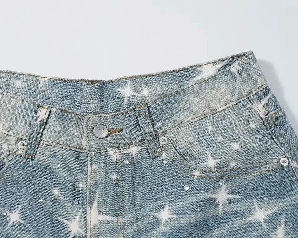 Japanese Brand Stars Rhinestone Washed Baggy Printed Jeans Size US 34 / EU 50 - 4 Thumbnail