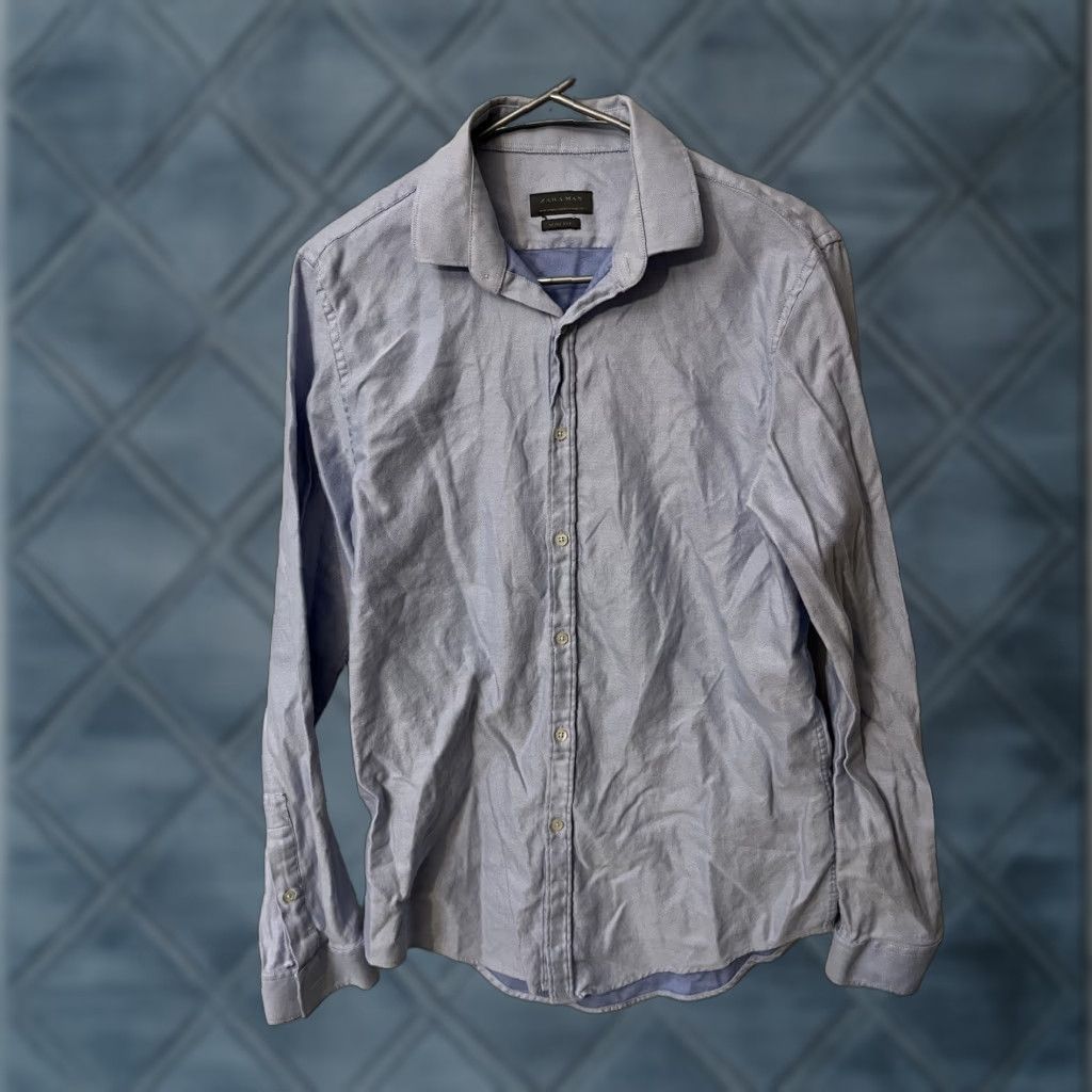 Zara ZARA MAN Slim Fit Solid Button Down Shirt Men's Size Medium Blue Solid Button-Up Slimming Tailored Fit 100% Cotton Knit Long Sleeve Shirt Mens Size US M / EU 48-50 / 2 - 1 Thumbnail