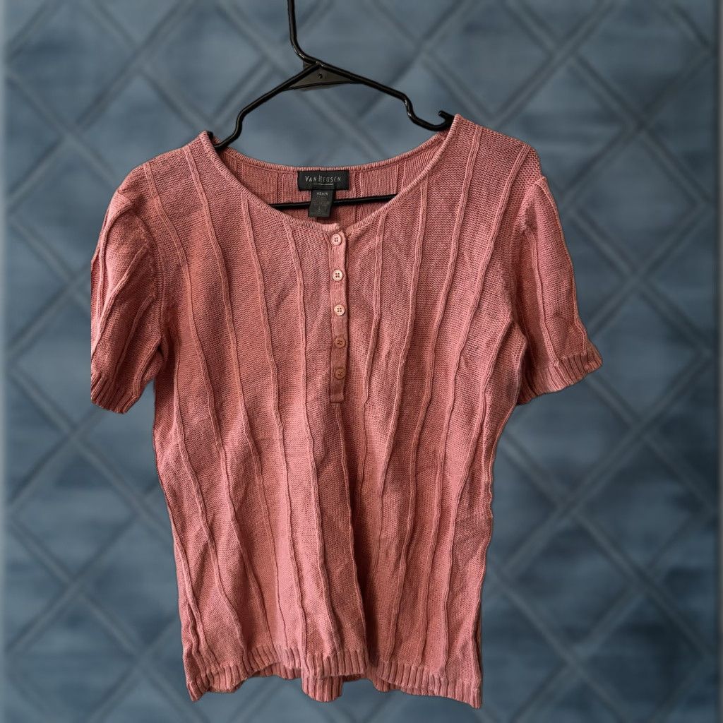 Van Heusen Van Heusen Pink Top Cotton Ramie Knit Short Sleeve Round Neck Preppy Nautical Casual Size L / US 10 / IT 46 - 1 Thumbnail
