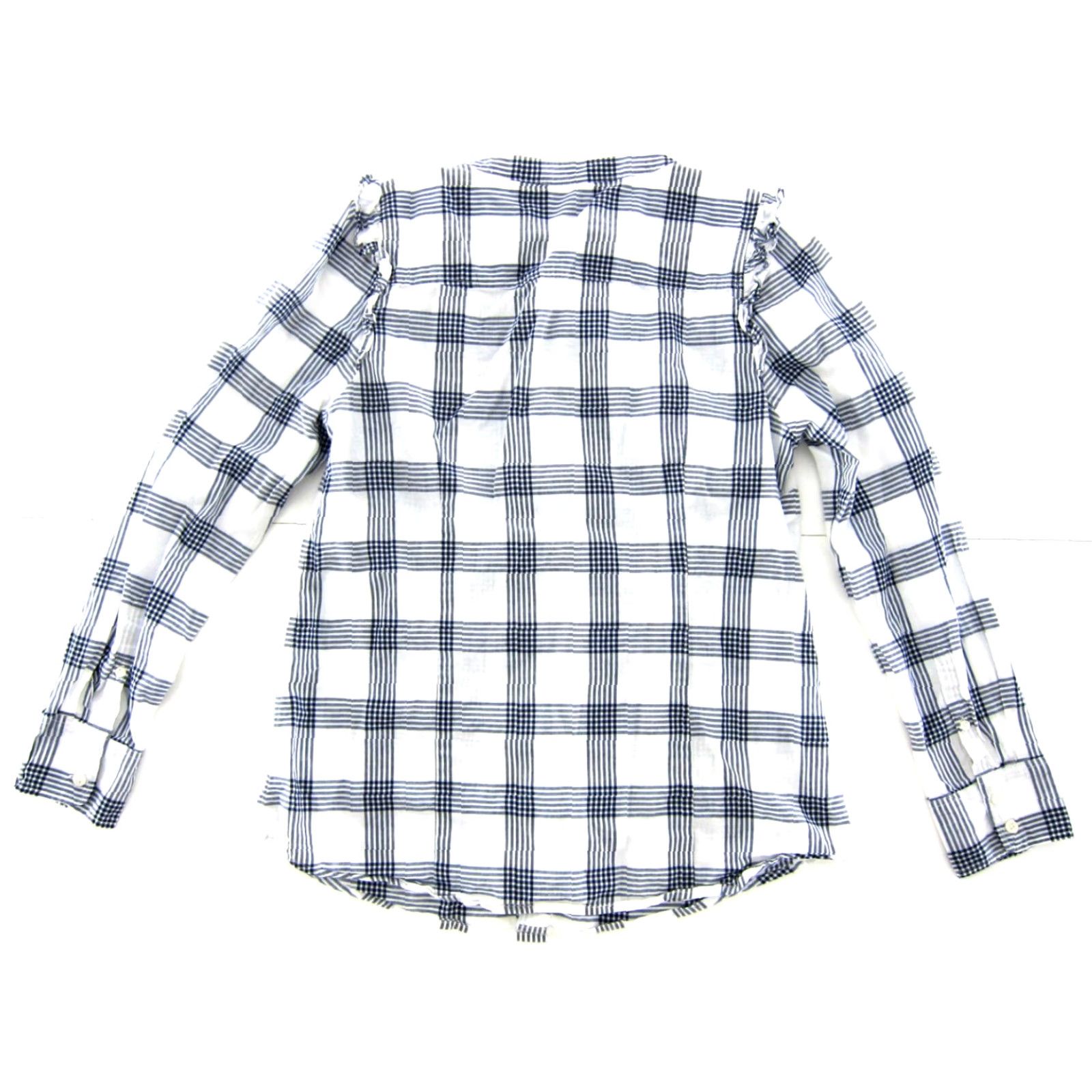J.Crew J.CREW Blouse Shirt Navy Blue Stripe 100% Cotton Long Sleeve Button Up Ruffle Medium Women's Size M / US 6-8 / IT 42-44 - 2 Thumbnail