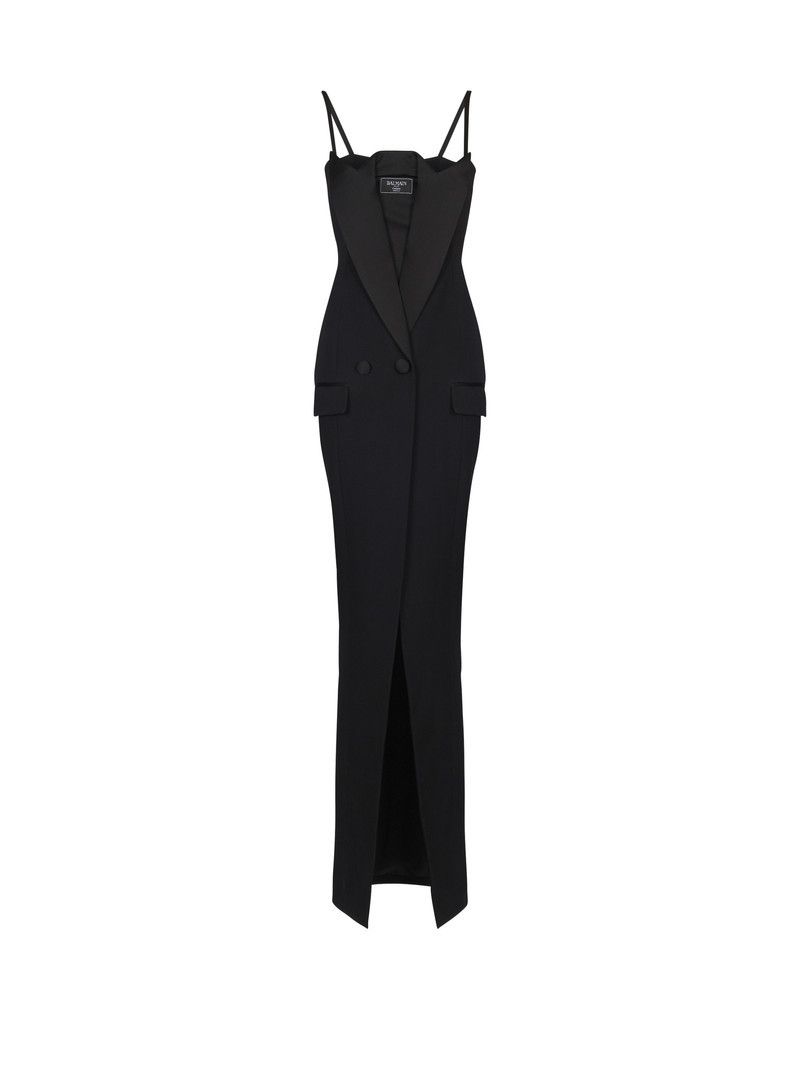 Balmain o1s1wg110526 Long Strappy Grain de Poudre Dress in Black Size L / US 10 / IT 46 - 1 Thumbnail