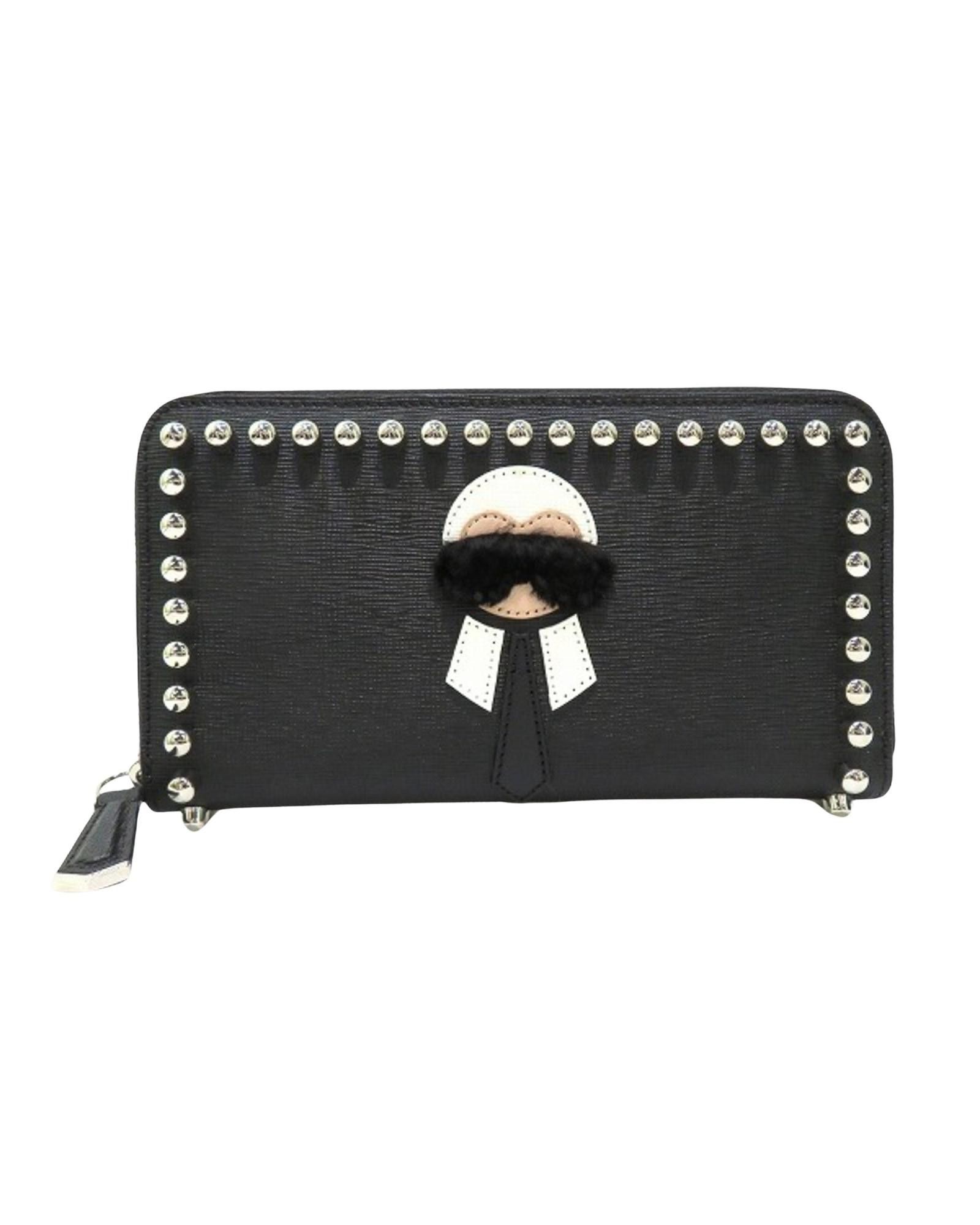 image of Fendi Leather Bi-Fold Long Wallet With Unique Karlito Design in Black, Women's
