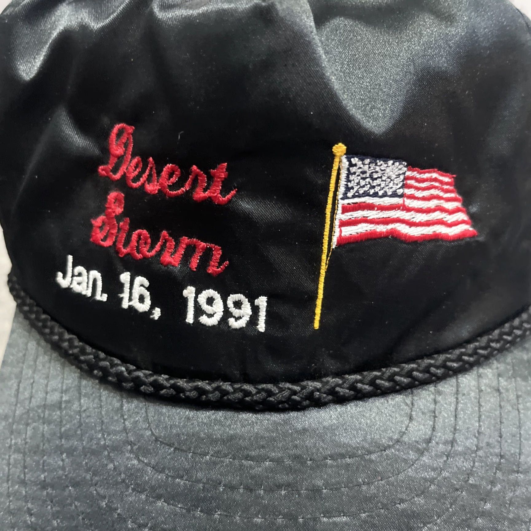 Vintage VINTAGE Nissin Desert Storm Baseball Cap Zipper back Hat Black Satin Adjustable Men Adults Casual 1991 Military Theme Size ONE SIZE - 2 Thumbnail