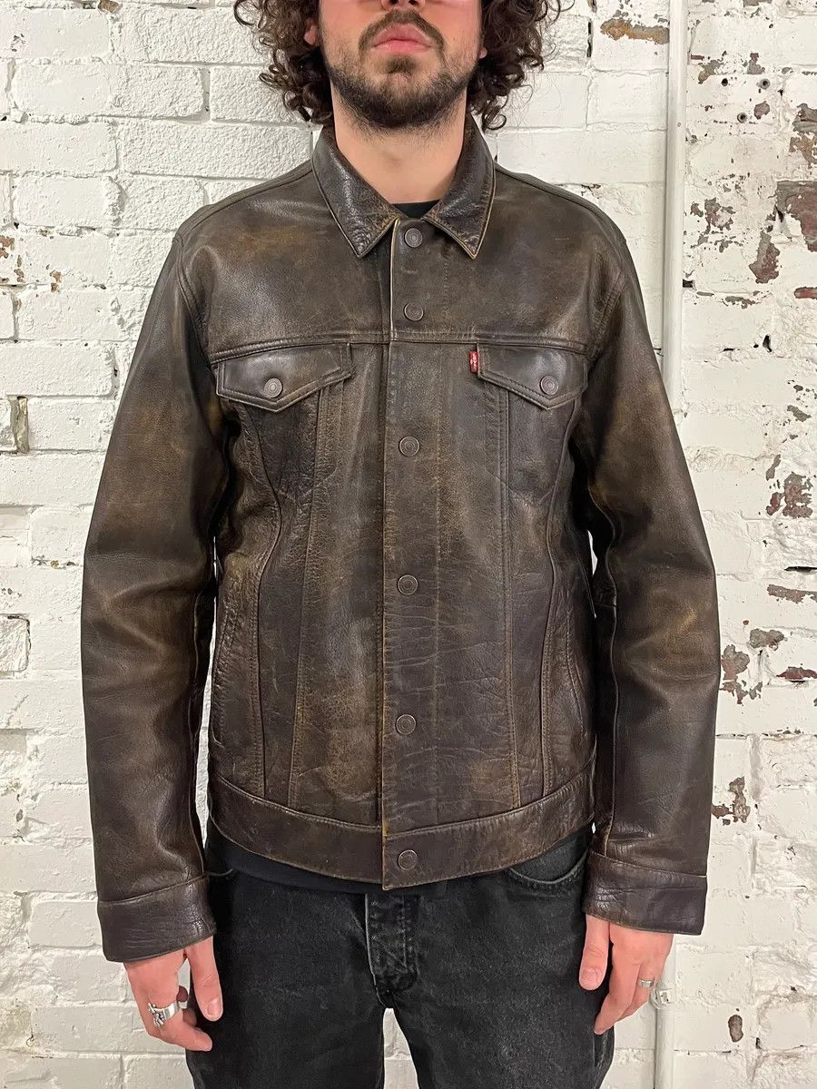 Levi's Levi’s Buffalo Brown Faded Leather Trucker Jacket Size US M / EU 48-50 / 2 - 2 Thumbnail