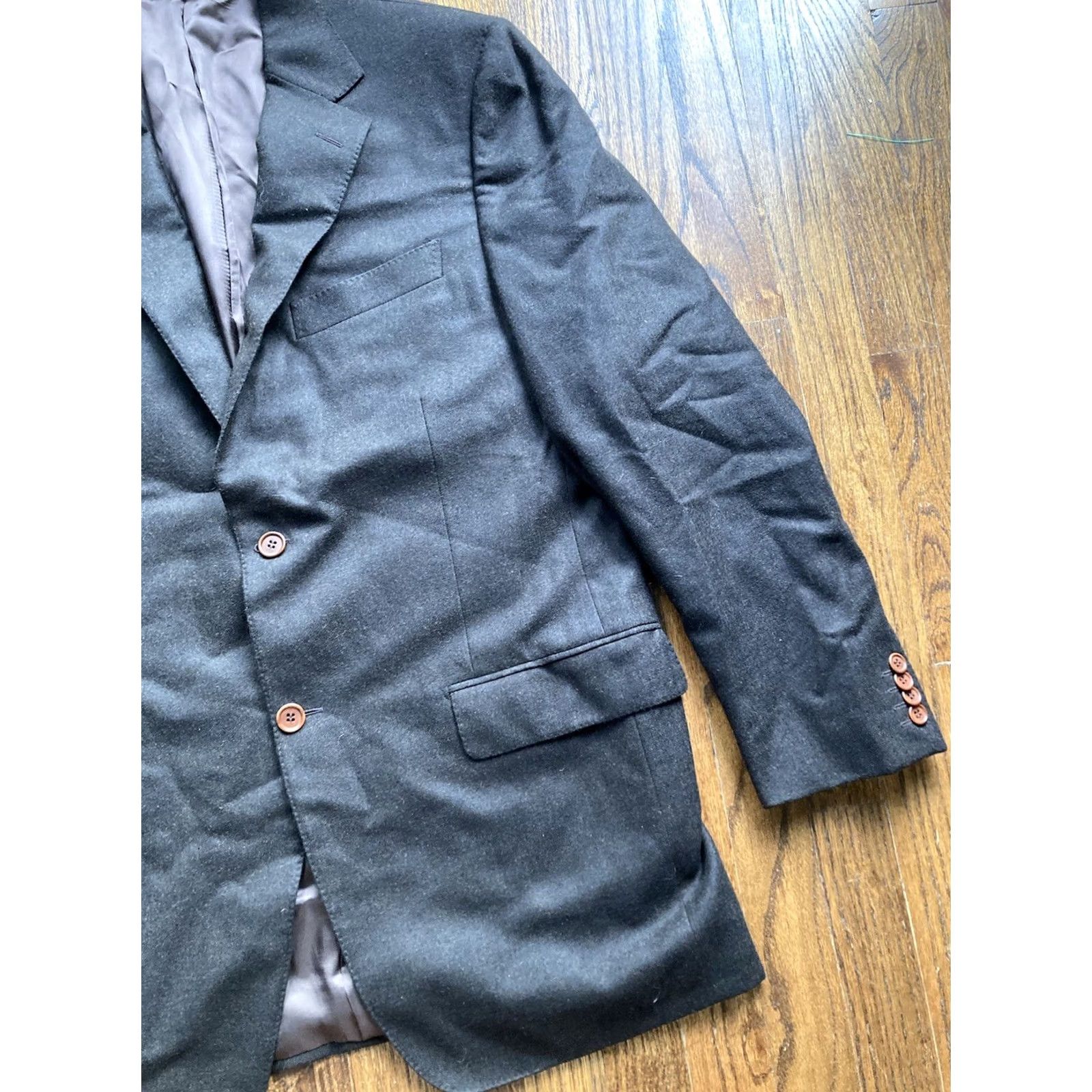 Vintage Trussini Blazer Mens 42R Brown Wool Cashmere Notch Lapel Single-Breasted 2-Button 4-Button Sleeve Italy Made in Italy Regular Size 42R - 3 Thumbnail