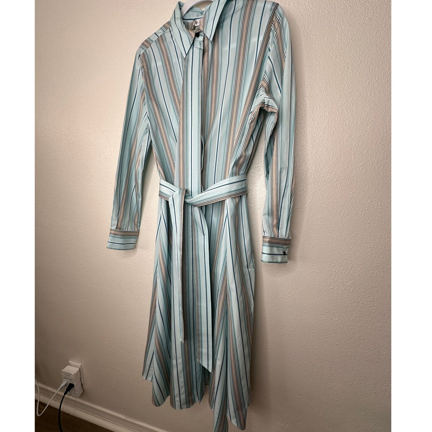 Loro Piana NWT Loro Piana Teal White Stripe Button Tie Sash Wrap Dress Size XL / US 12-14 / IT 48-50 - 3 Thumbnail