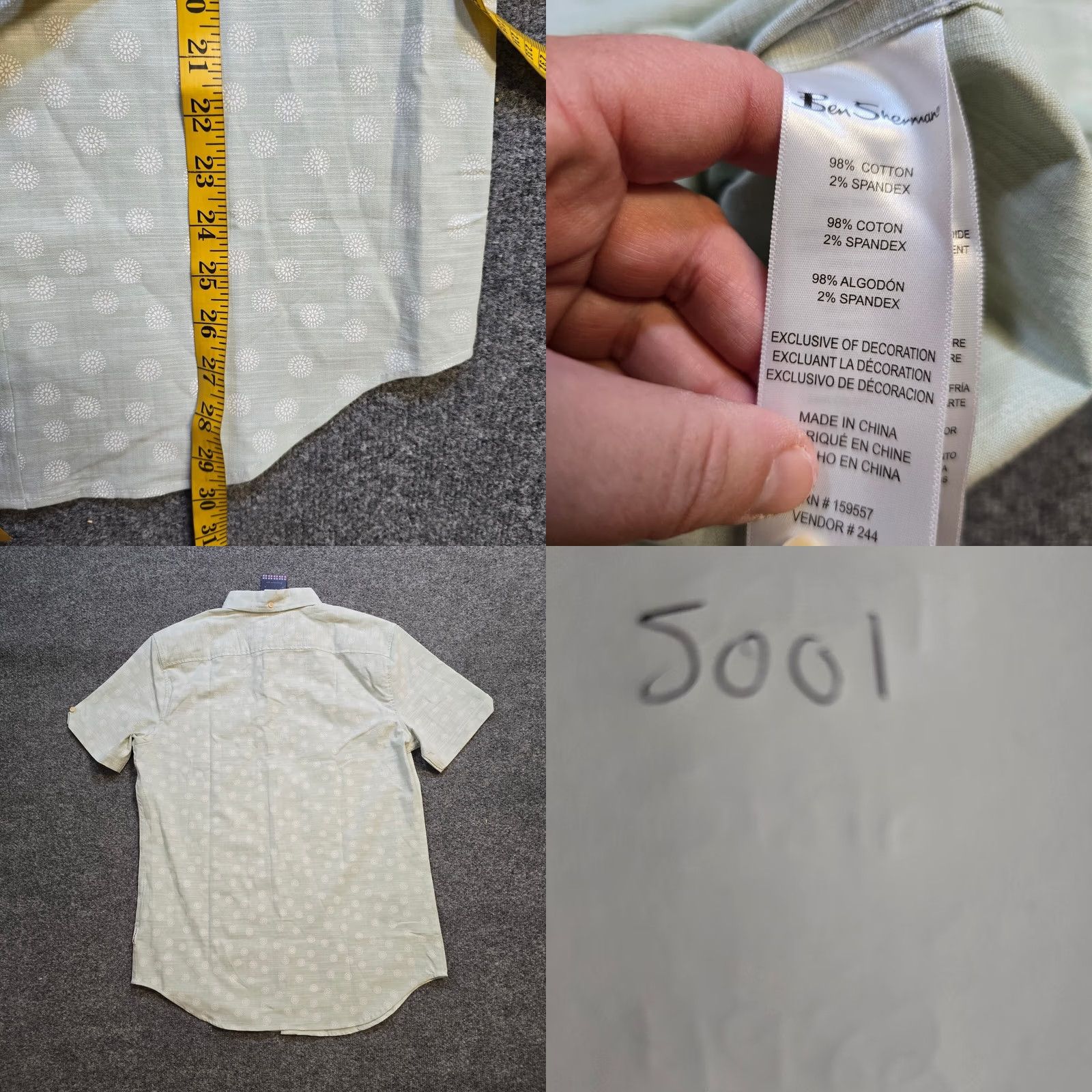 Ben Sherman Ben Sherman Shirt Men Small Green Geometric Texture Slub Knit Button Casual - Mens Cotton - Short Sleeve Button-Up - Classic Style Size US S / EU 44-46 / 1 - 8 Thumbnail