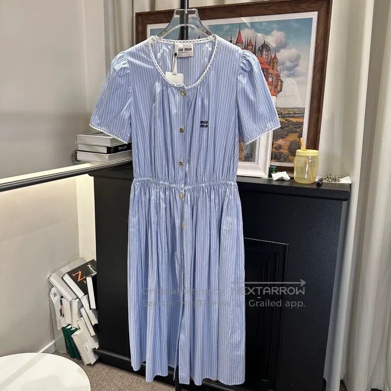 Miu Miu Miu Miu 42 Logo logo gold button striped light blue dress Size L / US 10 / IT 46 - 1 Thumbnail
