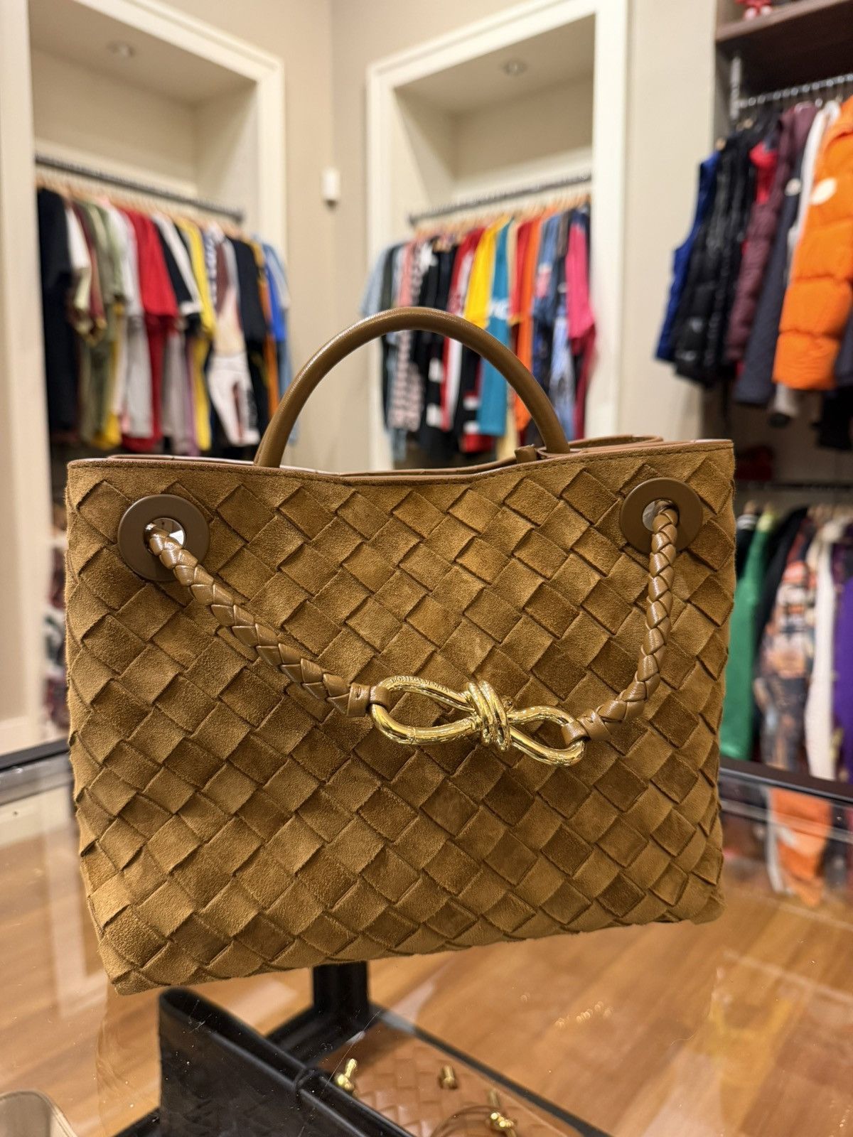 Bottega Veneta Bottega Veneta Andiamo Intrecciato Suede Shoulder Bag Size ONE SIZE - 1 Thumbnail
