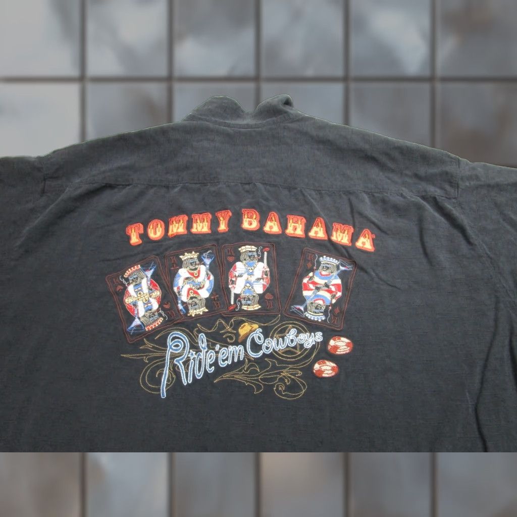 VINTAGE Tommy Bahama Shirt Mens 2XL Black Silk Camp Ride 'Em Cowboys Graphic Button-Up Short Sleeve Western Neon Palm Logo Mens 2XL