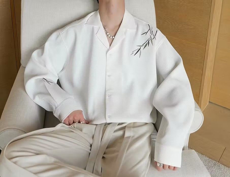 Japanese Brand × Vintage Bamboo Embroidery White Long Sleeve Shirt Size US M / EU 48-50 / 2 - 1 Thumbnail