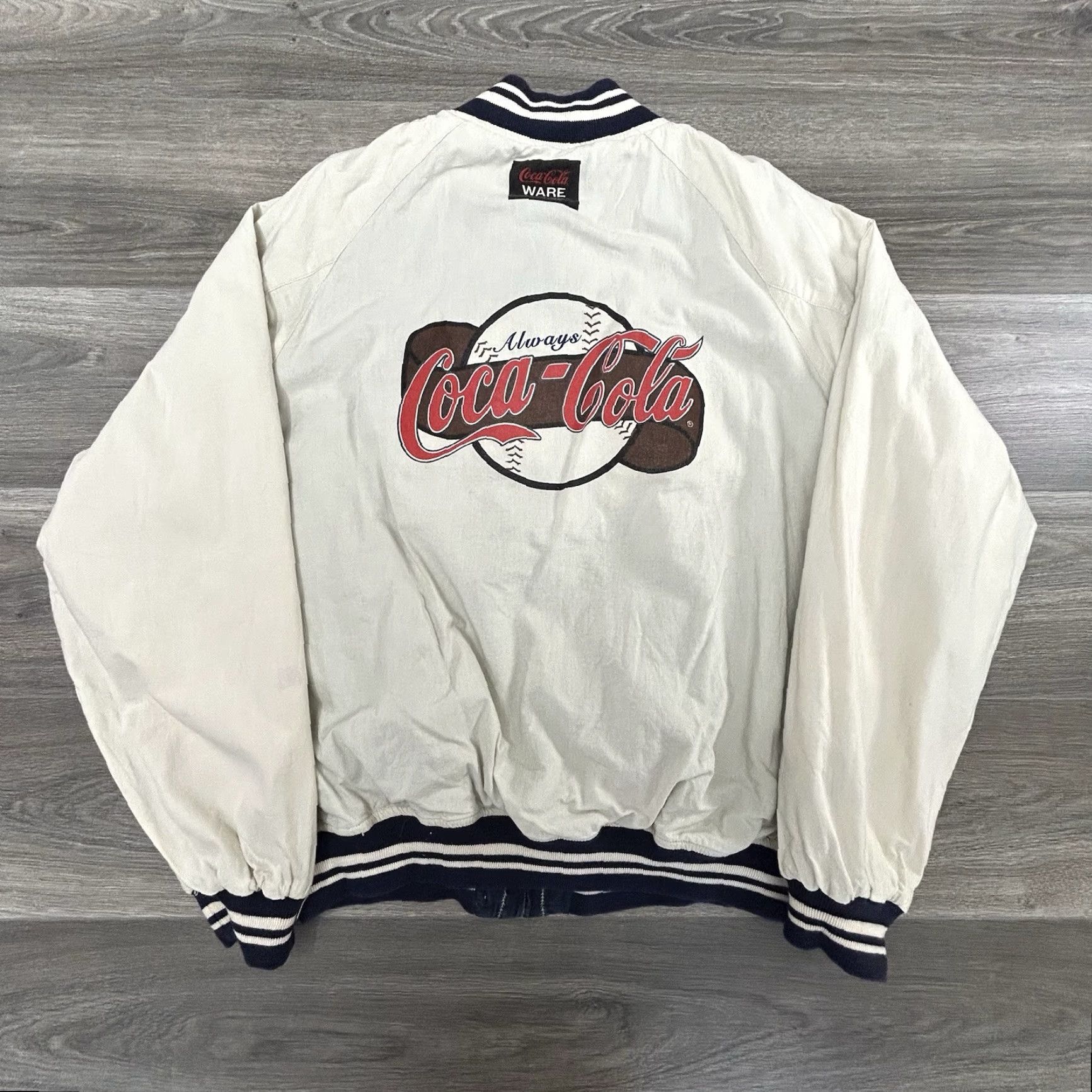 VINTAGE Coca-Cola Varsity Bomber Jacket Unisex Adults XL Multicolor Striped Reversible 80s 90s Sports Jacket