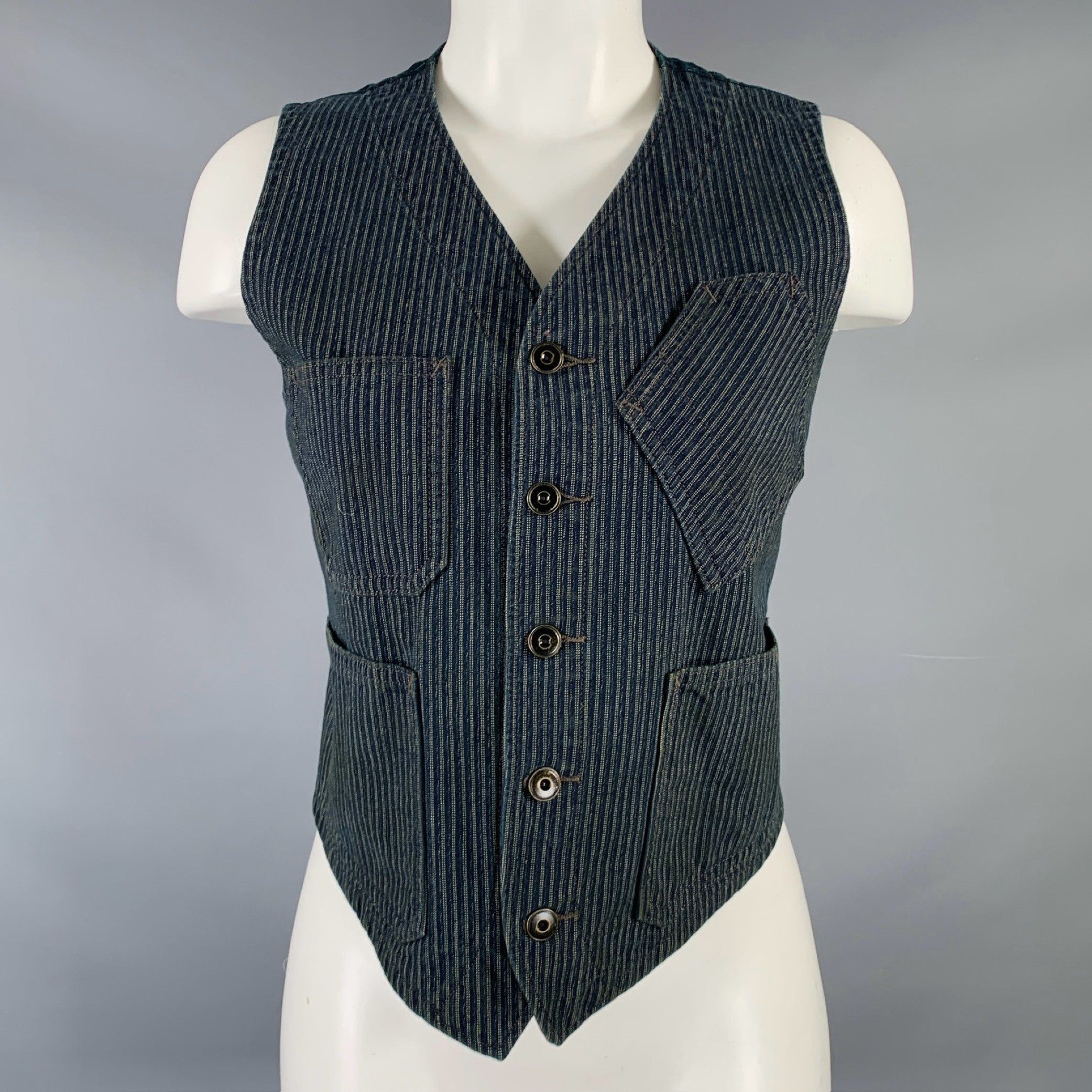 image of Rrl Ralph Lauren Navy Grey Cotton Stripe Mixed Fabrics Vest, Women's (Size XS)