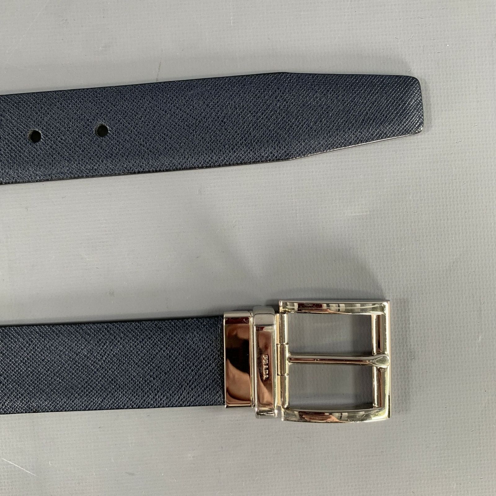 Prada PRADA Size 40 Navy Grey Crackled Leather Belt Size 40 - 6 Thumbnail