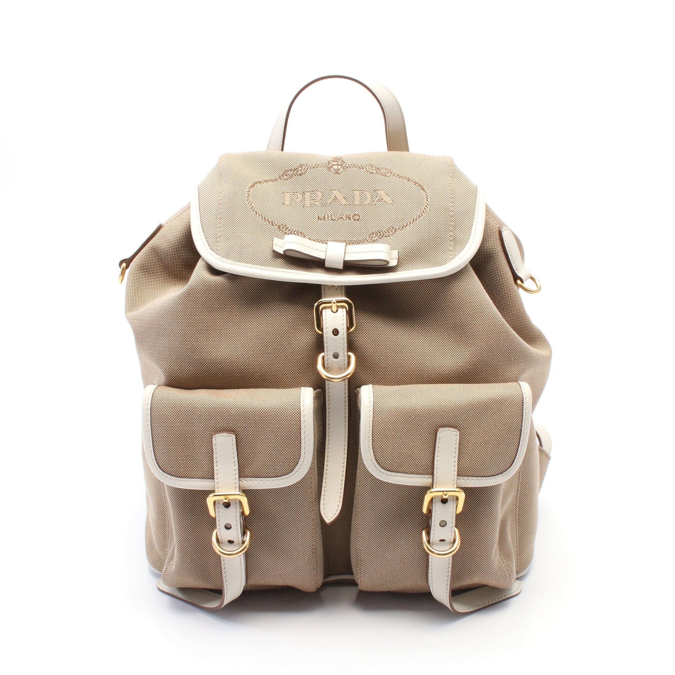 Prada Prada Logo Jacquard Backpack Rucksack Leather Gray Brown Off White Size ONE SIZE - 1 Thumbnail