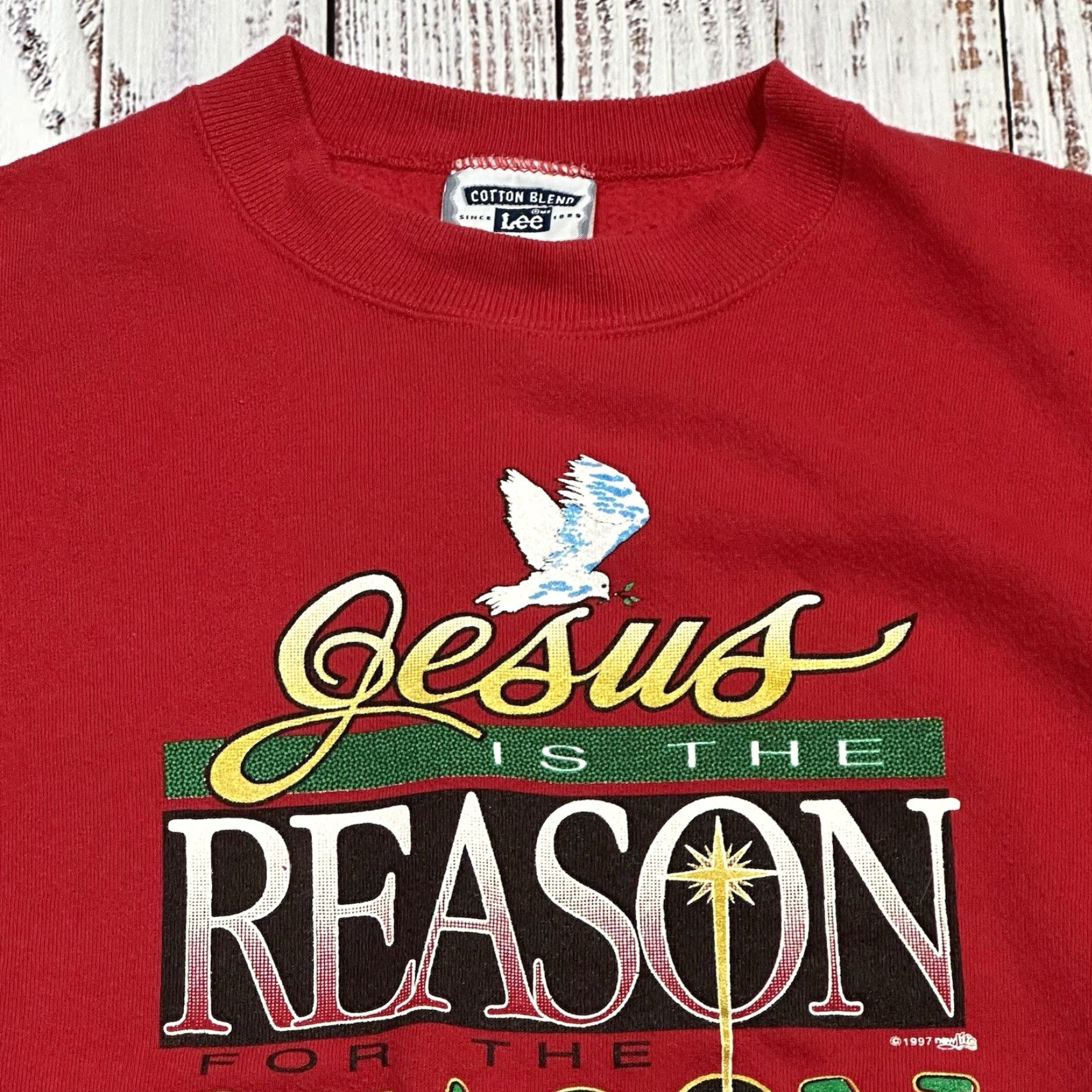 Lee VINTAGE Lee Christmas Jesus Is The Reason Red Cotton Sweater USA Made Sz Large Mens Pullover Knit Long Sleeve Fleece Graphic Print Size US L / EU 52-54 / 3 - 4 Thumbnail