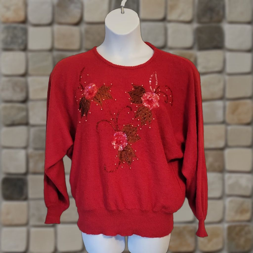 Vintage VINTAGE Debra Martin Red Beaded Faux Cashmere Embellished Sweater XL 80s MenGens Size XL / US 12-14 / IT 48-50 - 1 Thumbnail