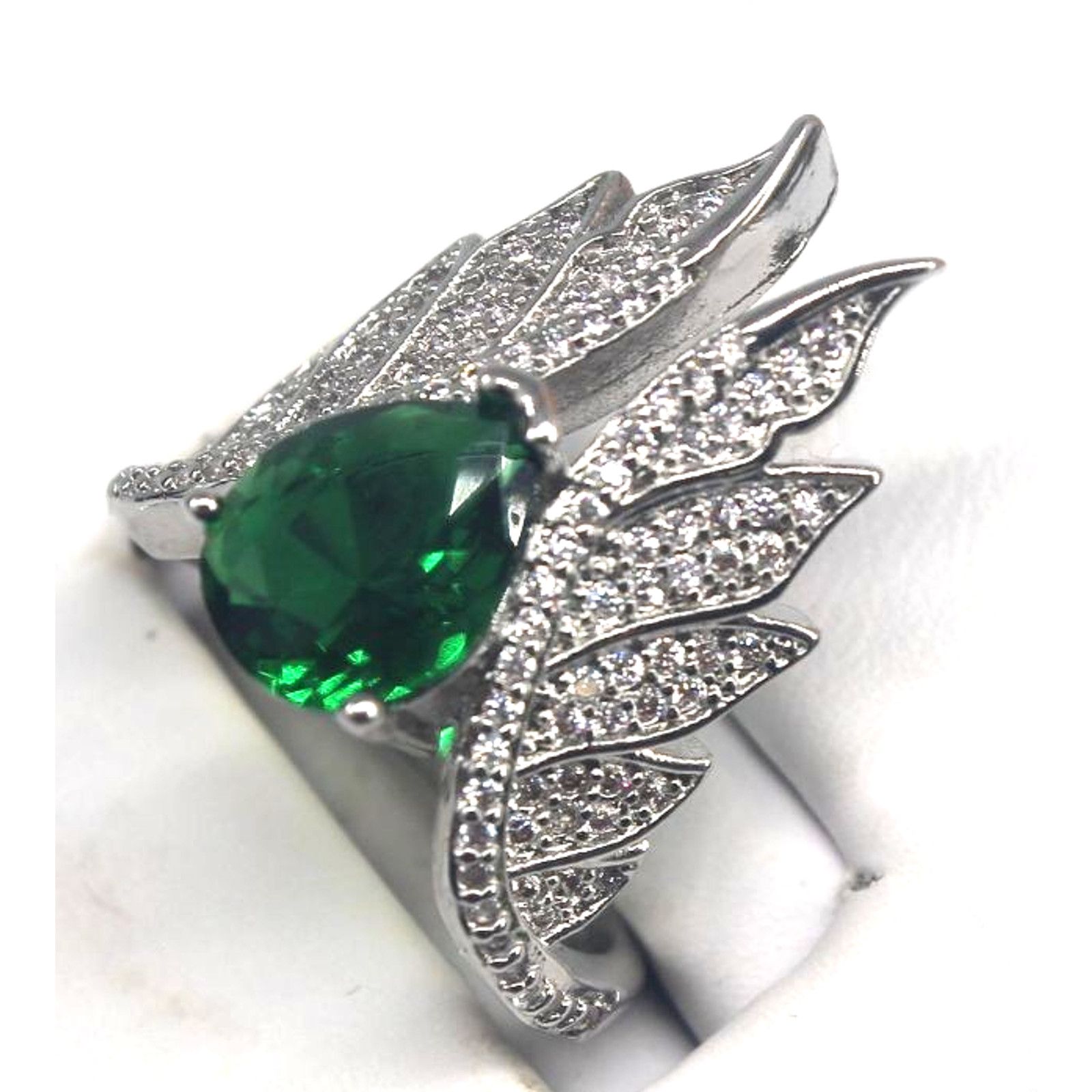 Other Faux Emerald Silver Tone Ring Pave Rhinestone Wings • Size 6 Size ONE SIZE - 4 Thumbnail