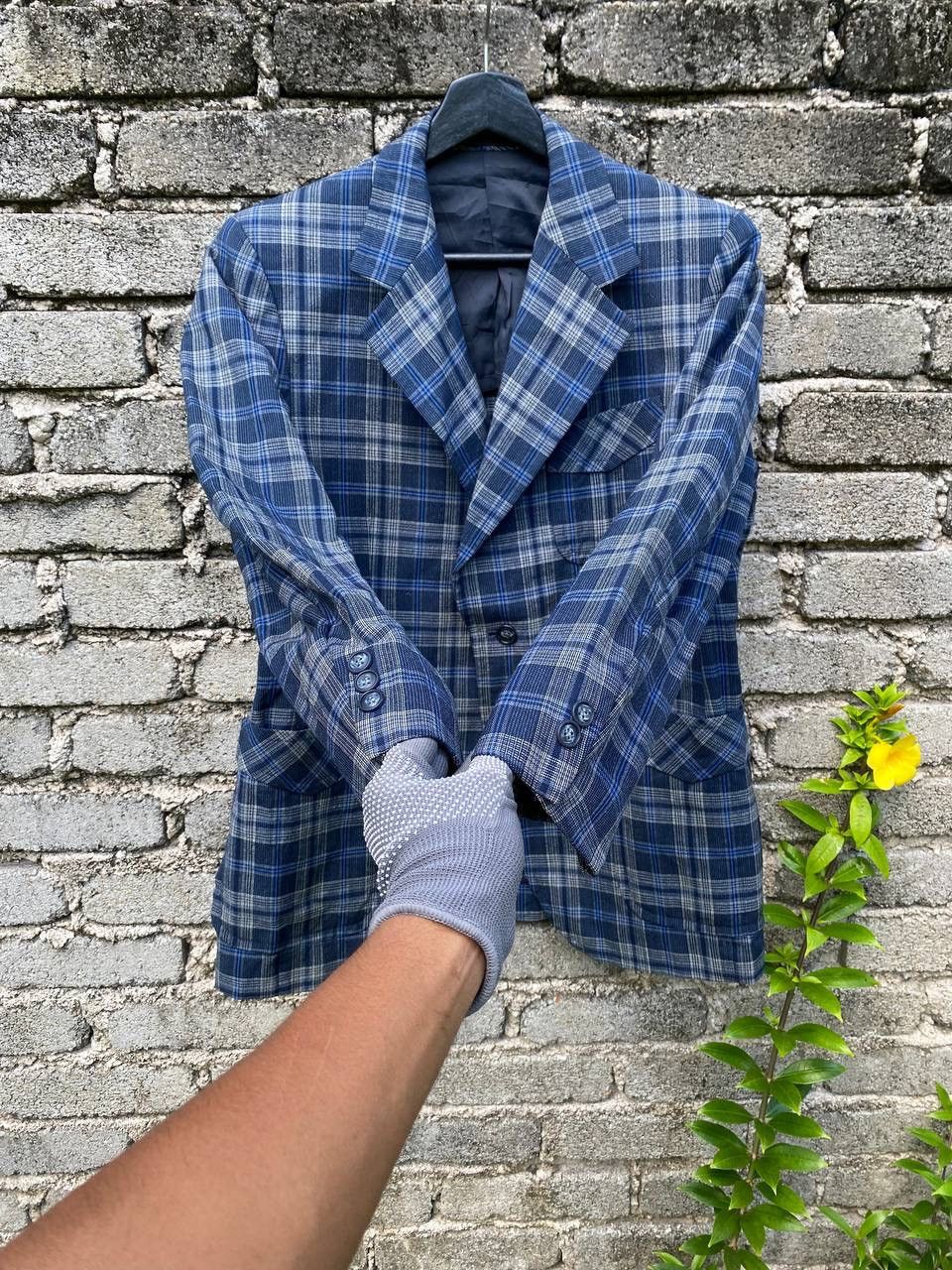 Lanvin × Vintage Vintage 90s Lanvin Blue Checker Wool Double Breasted Size 48R - 4 Thumbnail