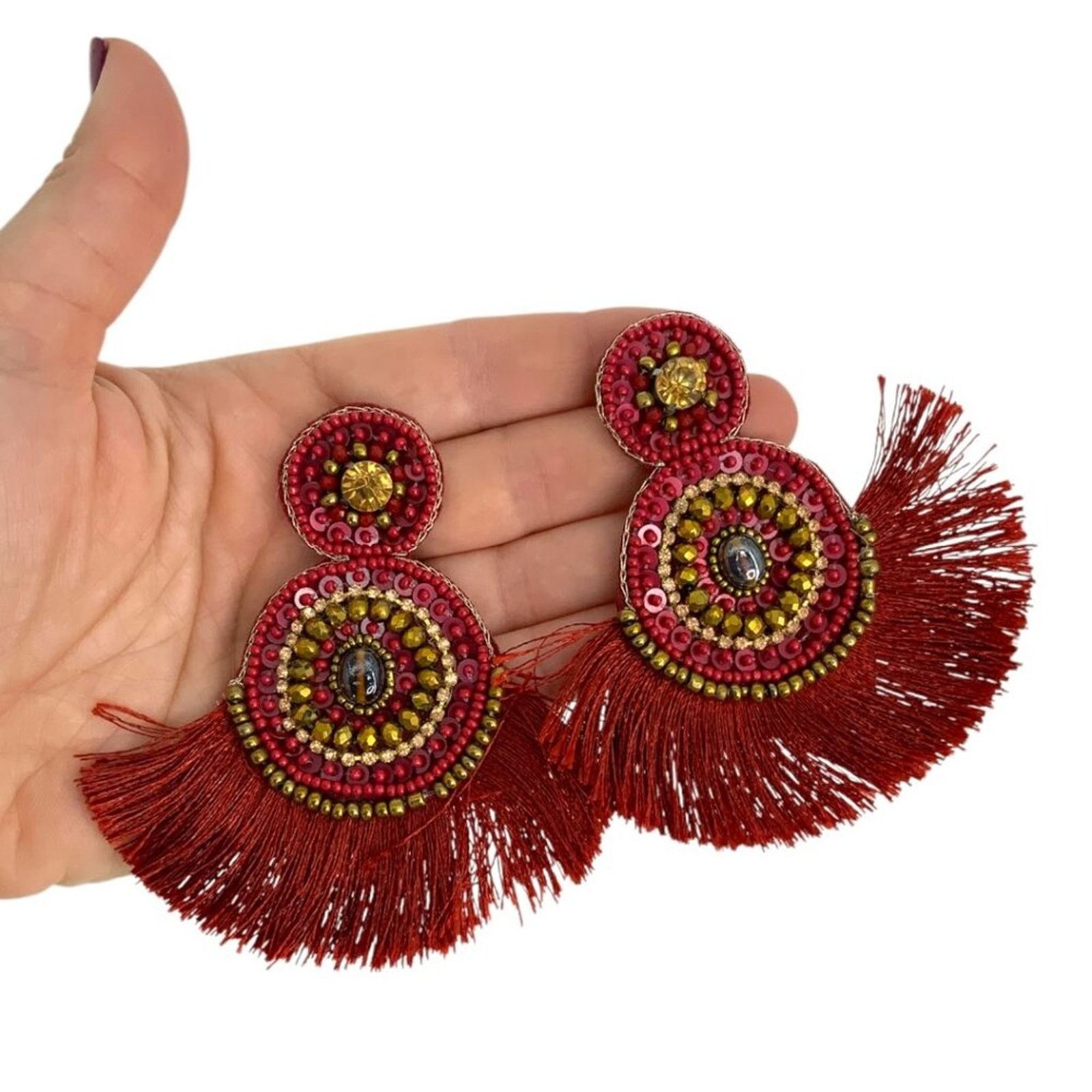 Other Boho Red Beaded Fringe Fashion Earrings Size ONE SIZE - 2 Thumbnail