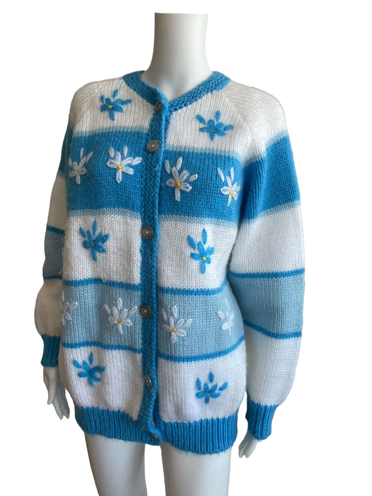 Vintage Vintage 70s / 80s Oversize Knitted Cardigan Blue White Size L / US 10 / IT 46 - 2 Thumbnail