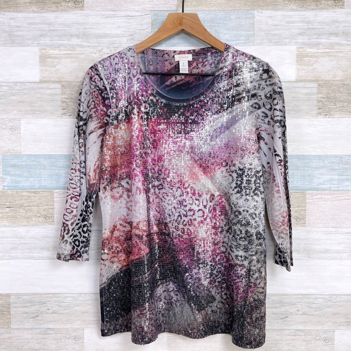 Other Chicos Sequin 3/4 Sleeve Top Purple Black Womens Medium 1 Size M / US 6-8 / IT 42-44 - 1 Thumbnail