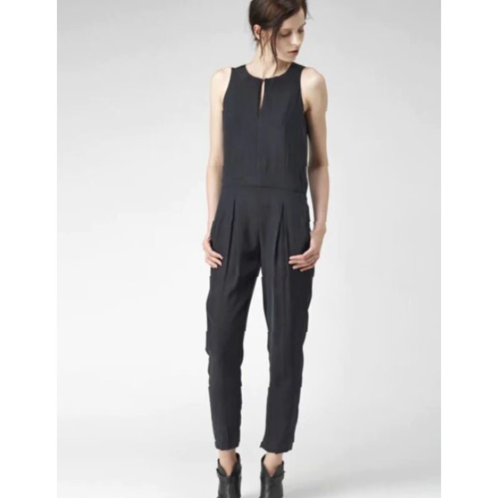 Bones Rag And Bone Jumpsuit Women’s 10 Leather Detail Sleeveless High Neck Key Hole Front Pockets Black Solid Dress/One-Piece Casual Workwear Party/Cocktail Size 32" / US 10 / IT 46 - 2 Thumbnail