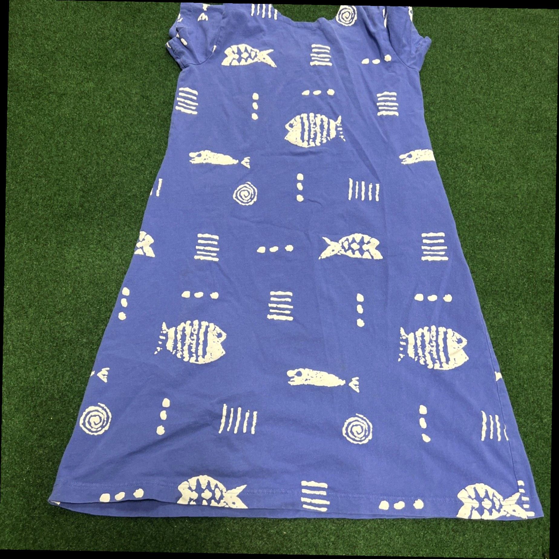 Vintage M Mac Dress Sma Blue Fish Print Comfy Vermont Country Store Short Sleeve Pockets Size 28" / US 6 / IT 42 - 6 Thumbnail
