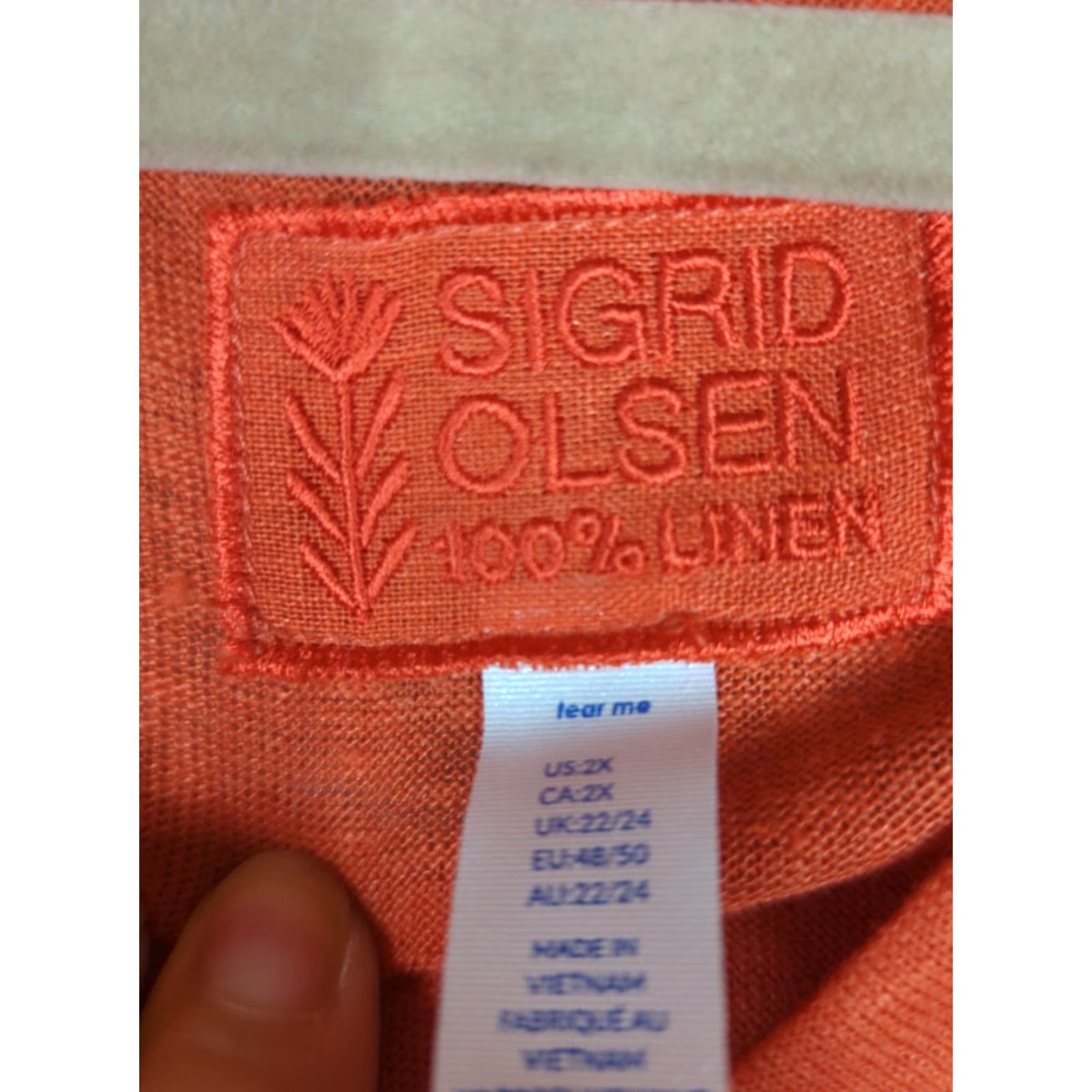 Vintage Sigrid Olsen T-Shirt Orange 100% Linen V-Neck Short Sleeve Plus 2X Womens Top, All Seasons, Casual, Travel, Relaxed Fit Size XXL / US 16-18 / IT 52-54 - 2 Thumbnail