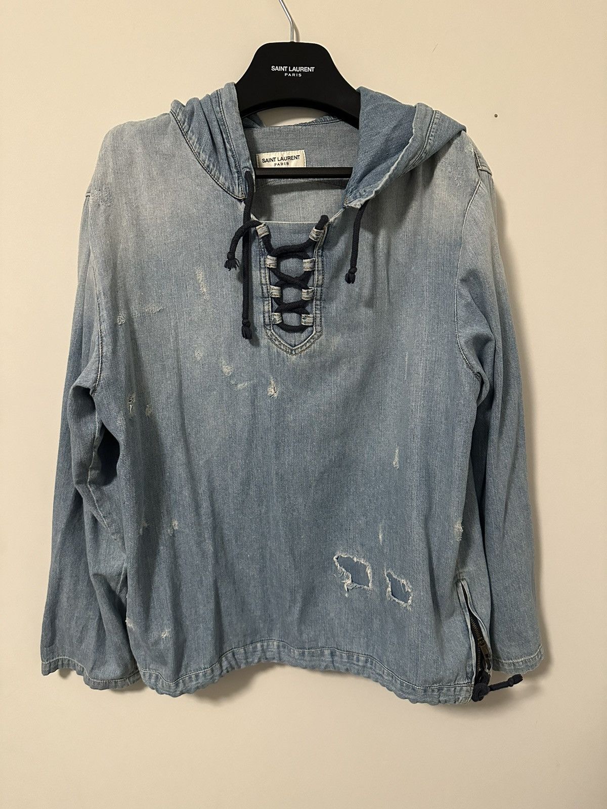 image of Saint Laurent Paris Saint Laurent 2018 Denim Lace Up Hoodie in Blue, Men's (Size Large)