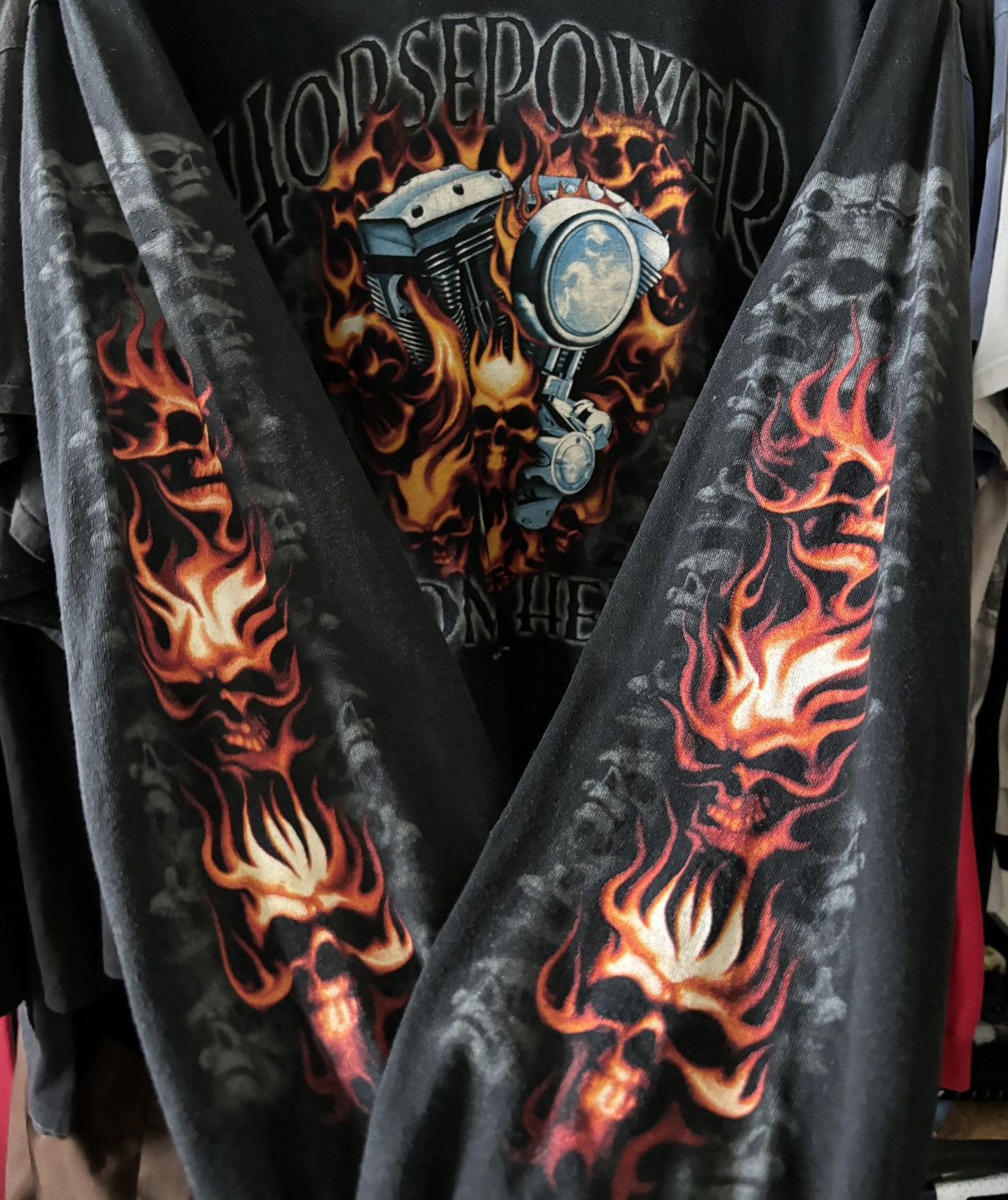 image of Harley Davidson x Vintage Crazy Skulls Harley-Davidson Flame Sleeve Long Sleeve Shirt in Black (Siz