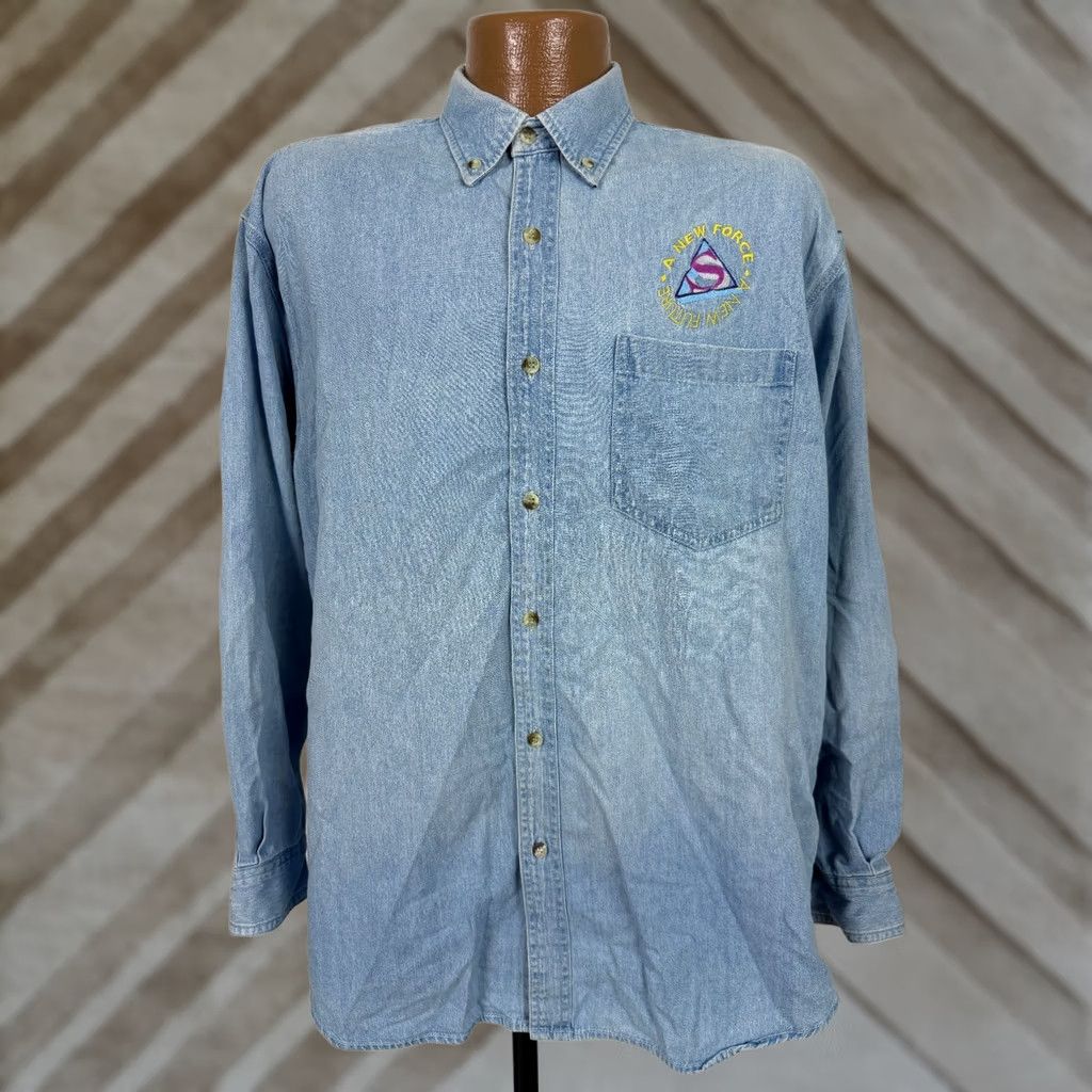 Denime VINTAGE Global Select Denim Shirt Mens Large Blue Embroidered 90s Casual Button-Up Collared Long Sleeve Midweight Pockets Size US L / EU 52-54 / 3 - 1 Thumbnail