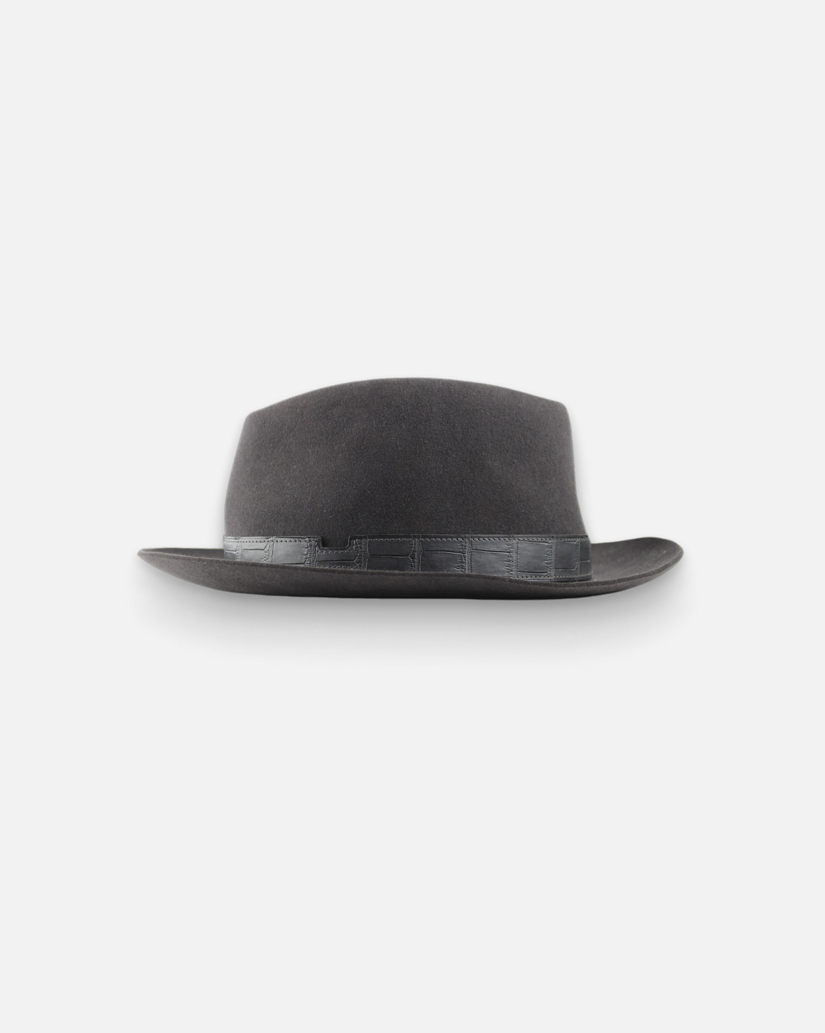 image of Hermes Alligator Suede Fedora Hat in Black, Men's