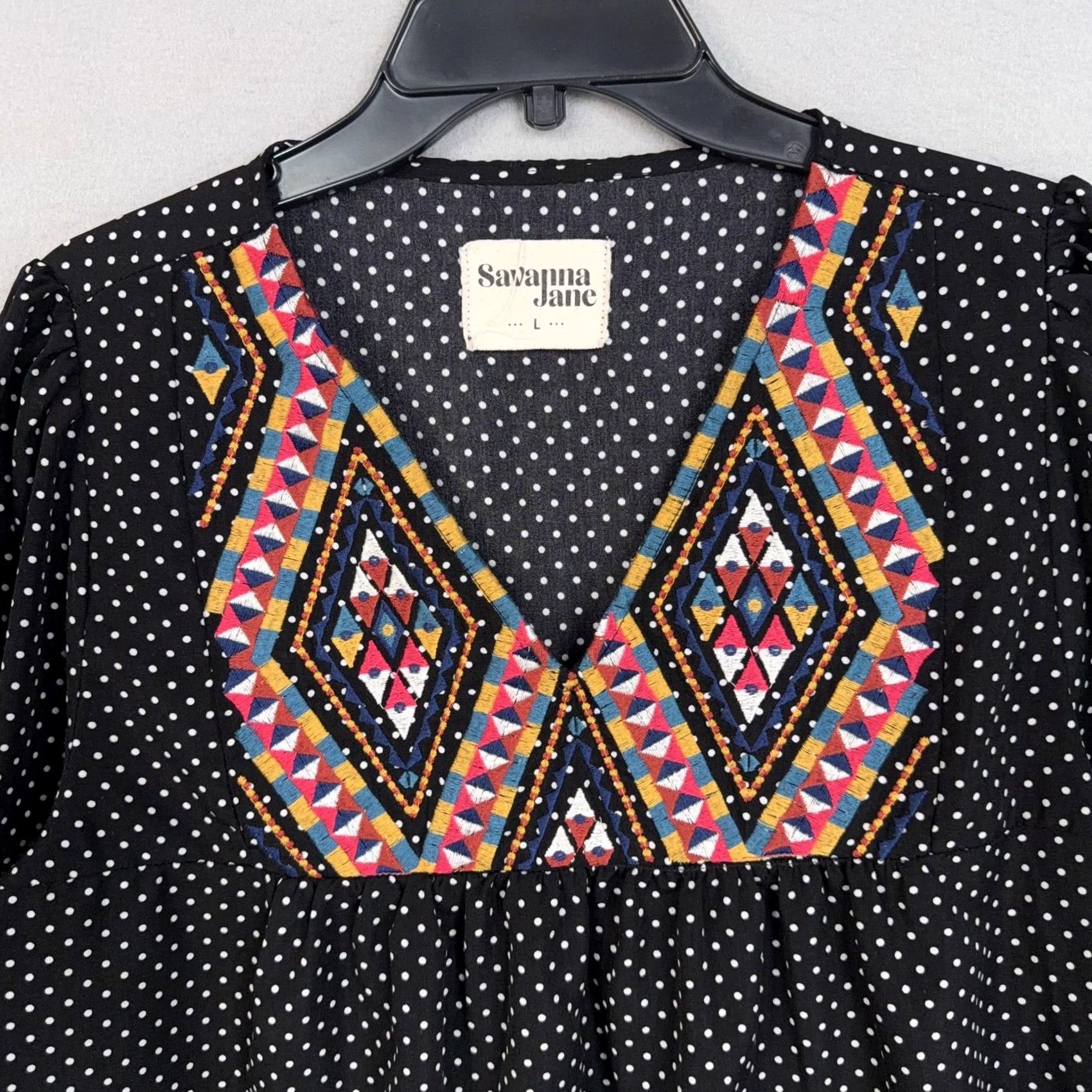 Vintage Savanna Jane Blouse Women's L Black Embroidered Polka Dot Tunic Boho Shirt Size L / US 10 / IT 46 - 2 Thumbnail