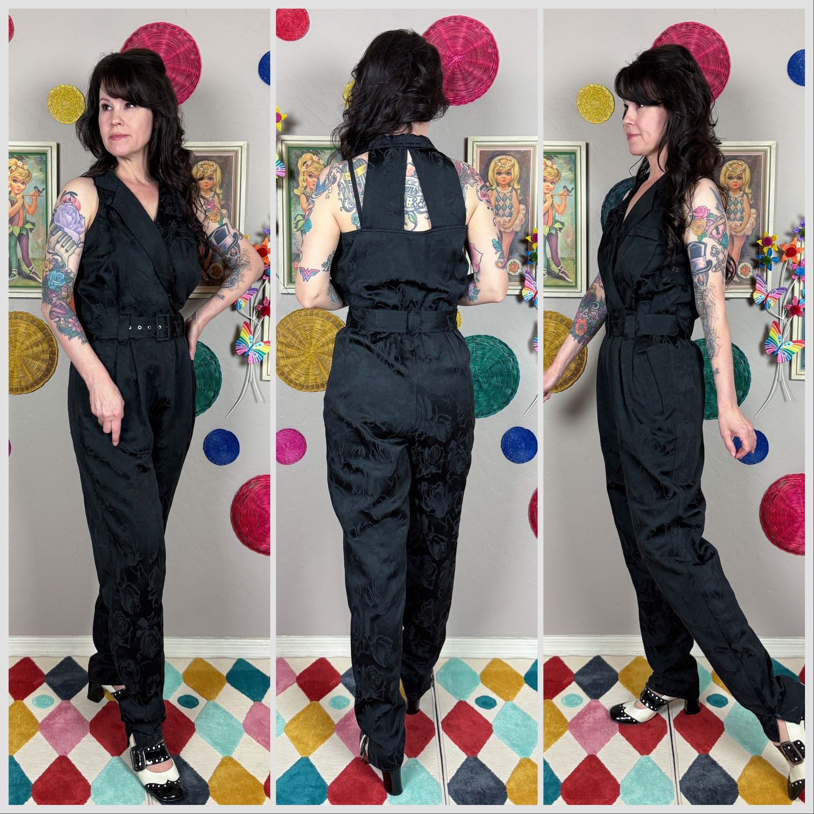 Vintage Vintage 80s Black Floral Jacquard Sleeveless Halter Jumpsuit Size 30" / US 8 / IT 44 - 2 Thumbnail
