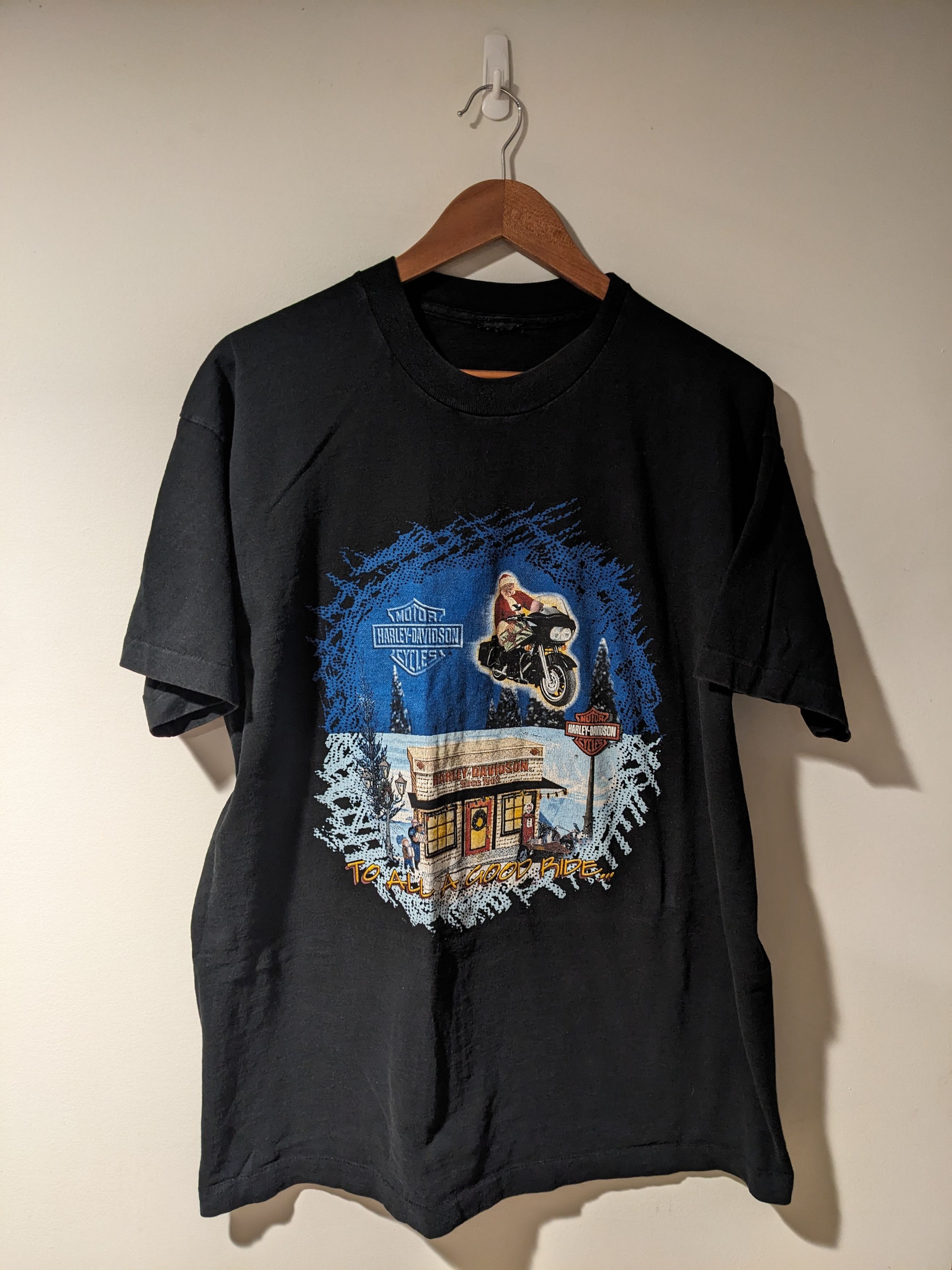 Harley Davidson × Vintage Vintage 1998 Harley Davidson Motorcycle Santa Riding T-Shirt Size US XL / EU 56 / 4 - 1 Thumbnail