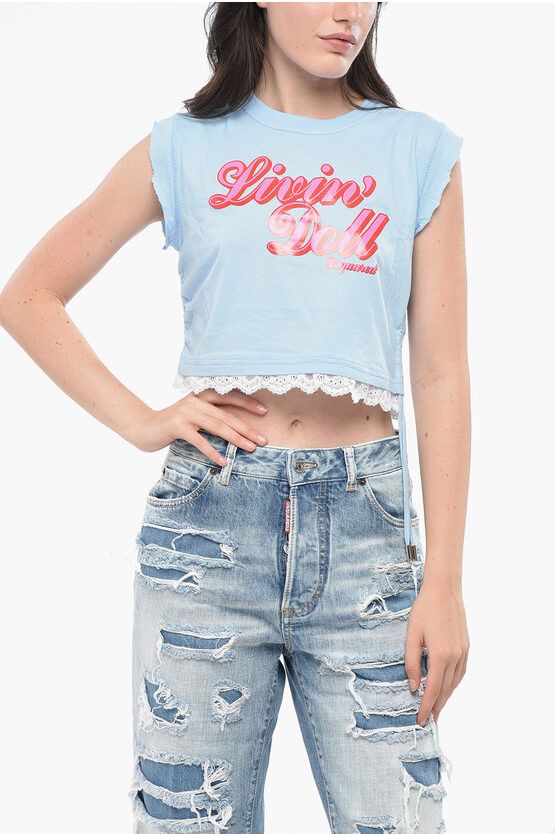 Cropped MINI FIT Crew-neck T-shirt with Lace Macrame' Hem