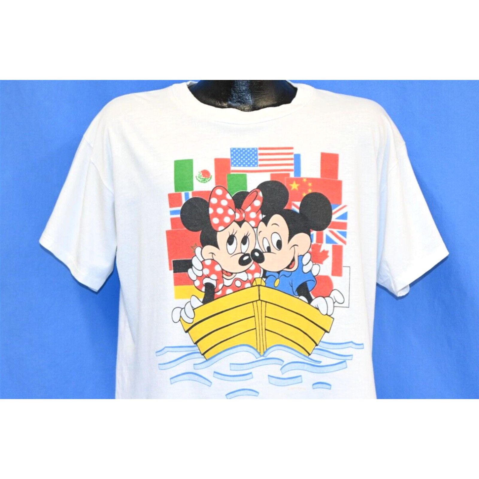 image of Vintage 80's Minnie Mickey Mouse Cartoon Disney World Flags Travel T-Shirt XL in White, Men's