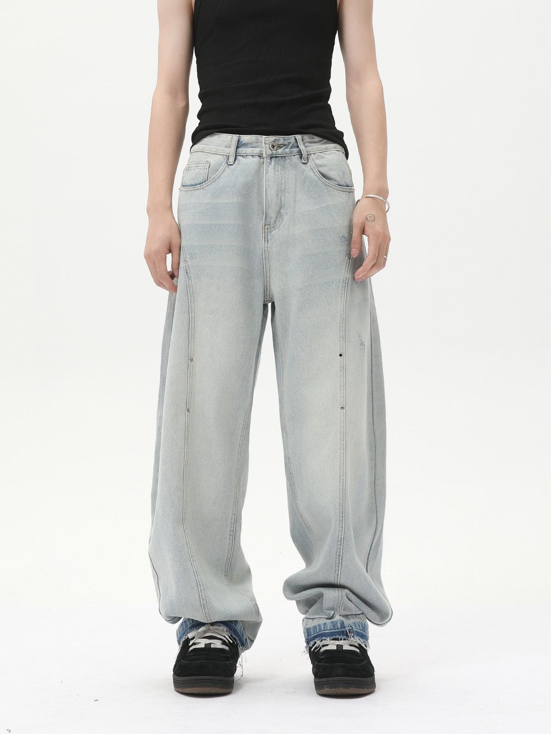 Japanese Brand Men's washed retro wide-leg loose patchwork curved jeans Size US 32 / EU 48 - 1 Thumbnail