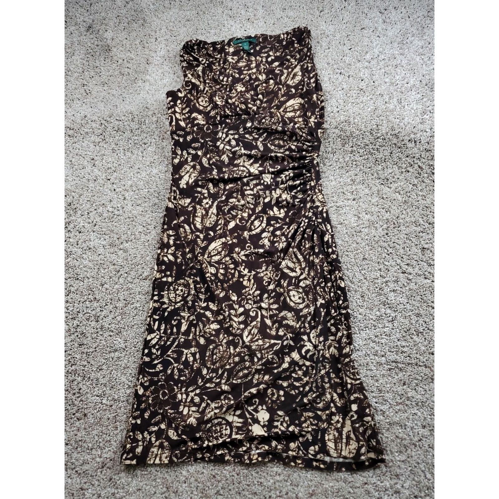 Ralph Lauren Lauren Ralph Lauren Dress Womens 6 Brown Beige Floral Ruched Sleeveless Stretch Sheath Knee Length Party Casual Womens Size M / US 6-8 / IT 42-44 - 2 Thumbnail