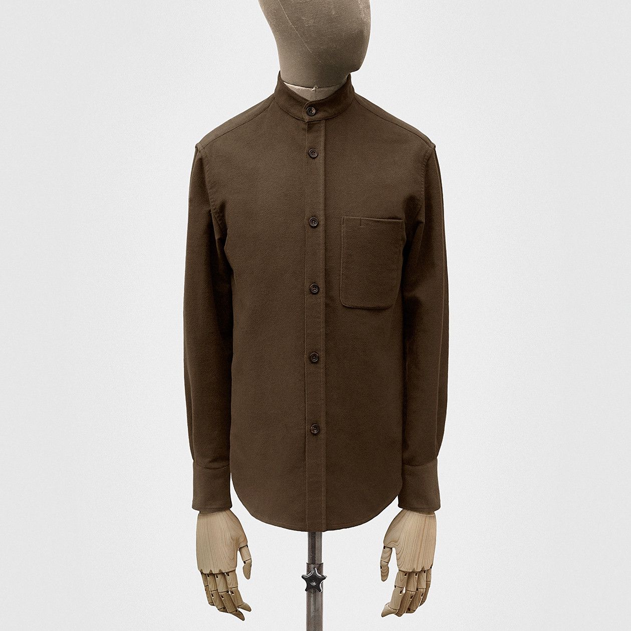 image of S E H Kelly Shirt With Granddad Collar In Moleskin in Sepia Brown, Men's (Size Large)