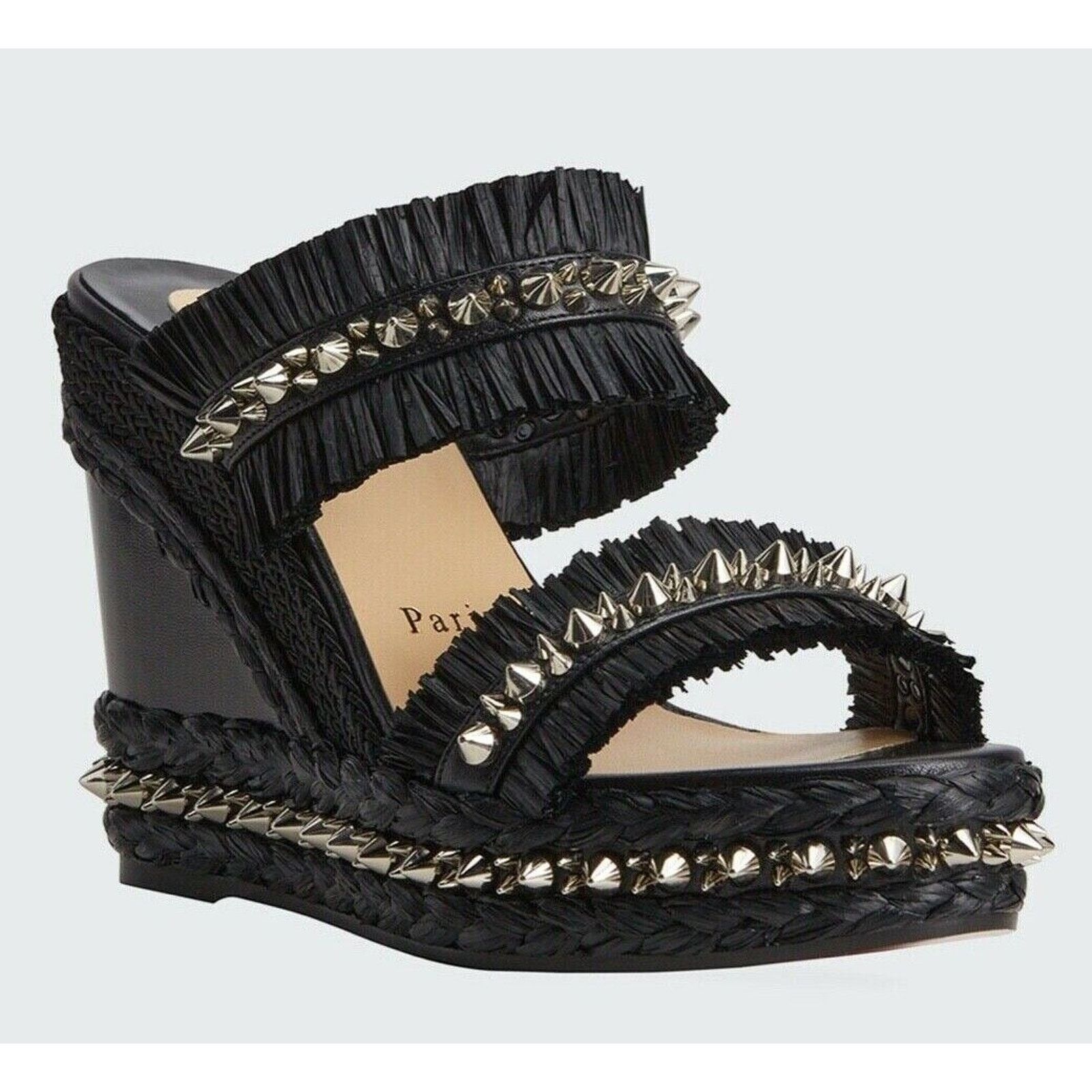 Christian Louboutin Voltinoudou 110 Black Raffia Wedge Slide Mule Sandal Heel 36 Size US 6 / IT 36 - 3 Thumbnail