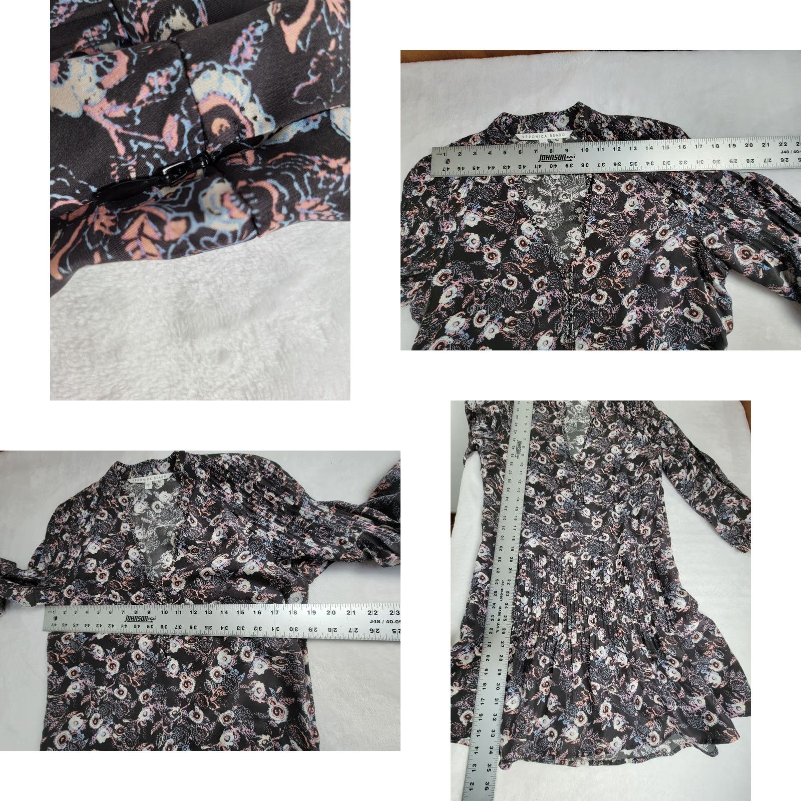 Veronica Beard Veronica Beard Silk Dress Boho Floral Smocked Waist 3/4 Sleeve V-Neck Zip Short Mini Black Size 8 Womens Size M / US 6-8 / IT 42-44 - 8 Thumbnail